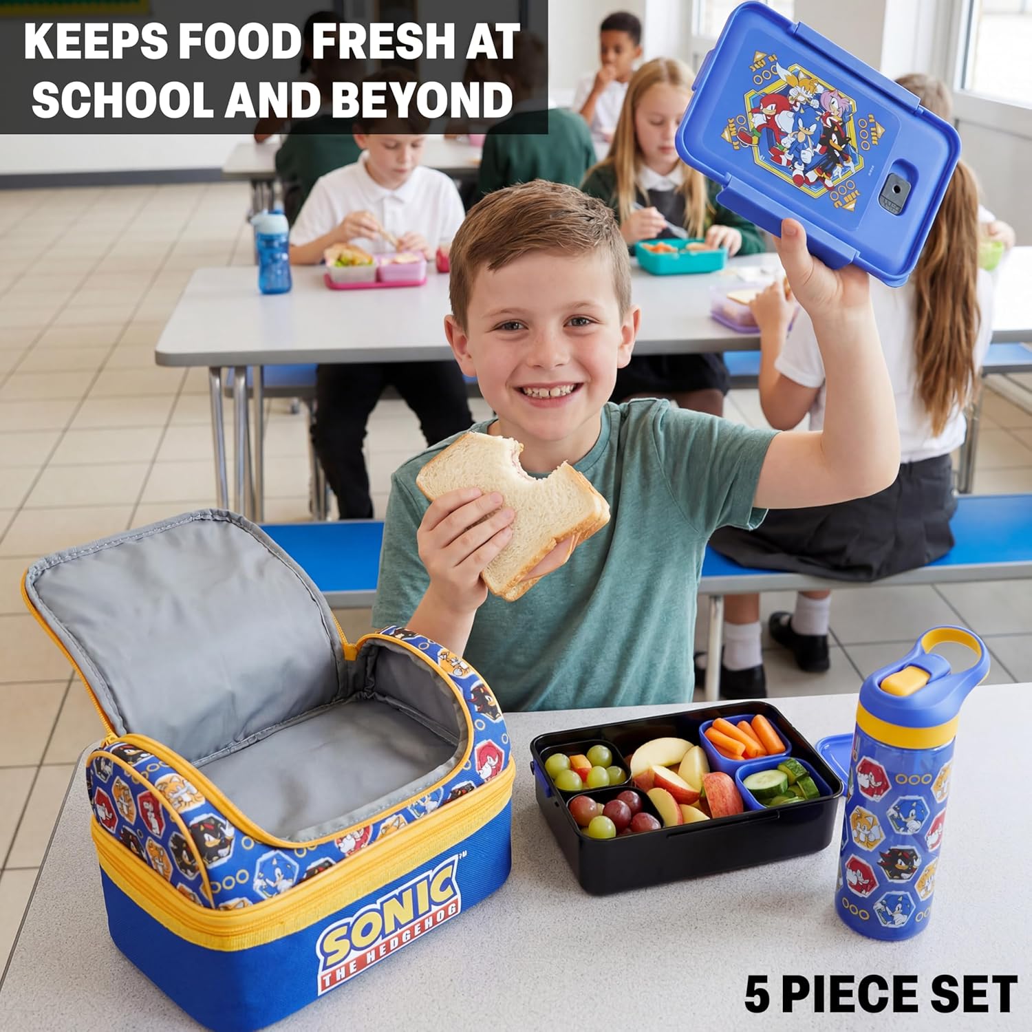 Get Trend Sonic the Hedgehog Kids Lunch Box 3 Pc Set with Insulated Lunch Bag, Bento Box with Two Mini Pots & 20 fl oz Water Bottle with Straw for School, Picnic, Gamer Gifts for Boys (Blue Sonic)