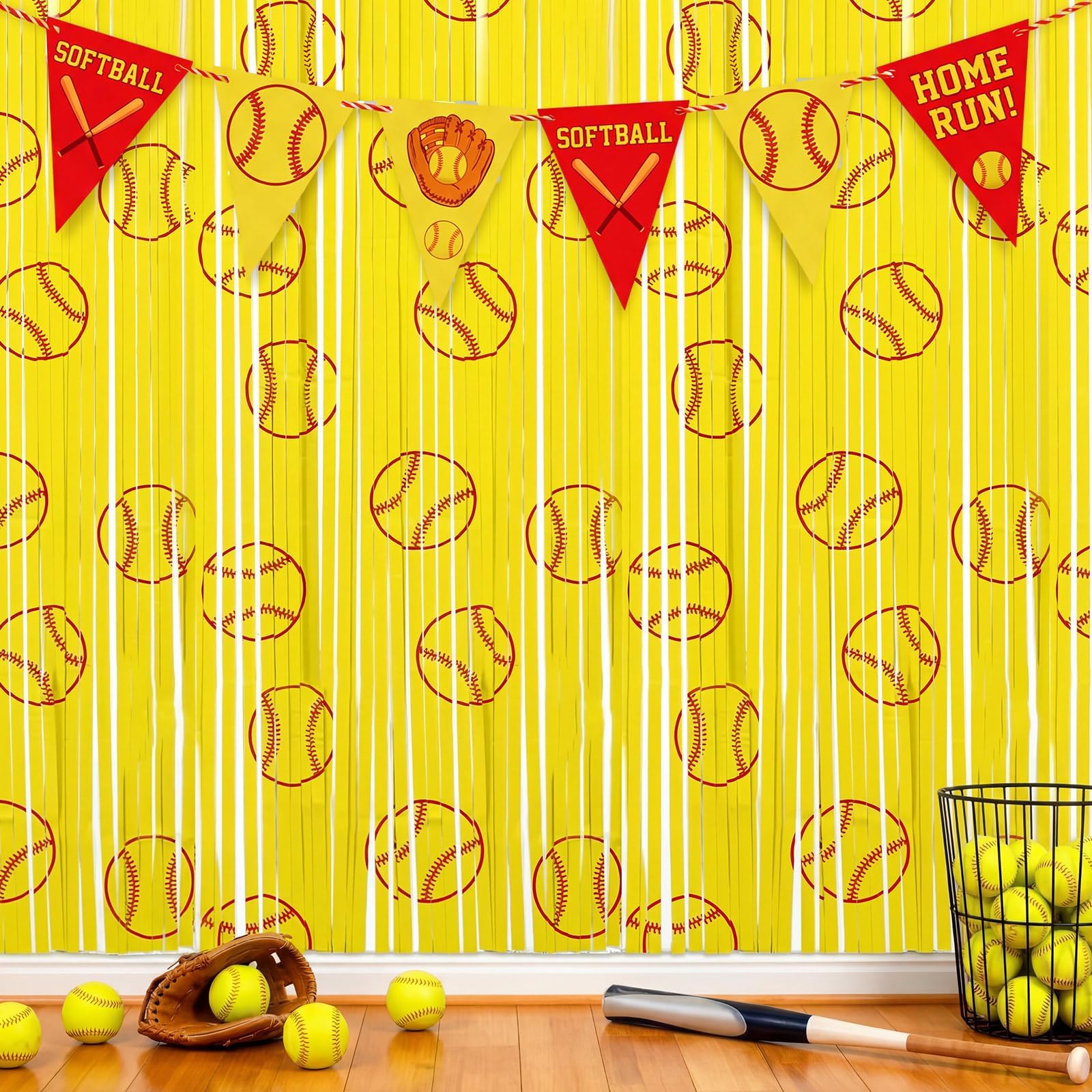 2 Pack Softball Birthday Party Decorations 3.3 x 6.6 ft Softball Tinsel Foil Fringe Curtain Backdrop Door Streamers Banner Sport Photo Props Backdrop for Sport Event Birthday Party Supplies