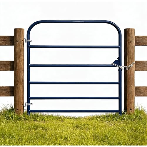 Farm Gate 4 ft (W) x 50 in (H), Heavy-Duty Steel 6 Bar Utility Tube Gate with Chain Latch, Animal-Safe Utility Livestock Gate for Horse, Cattle, Blue