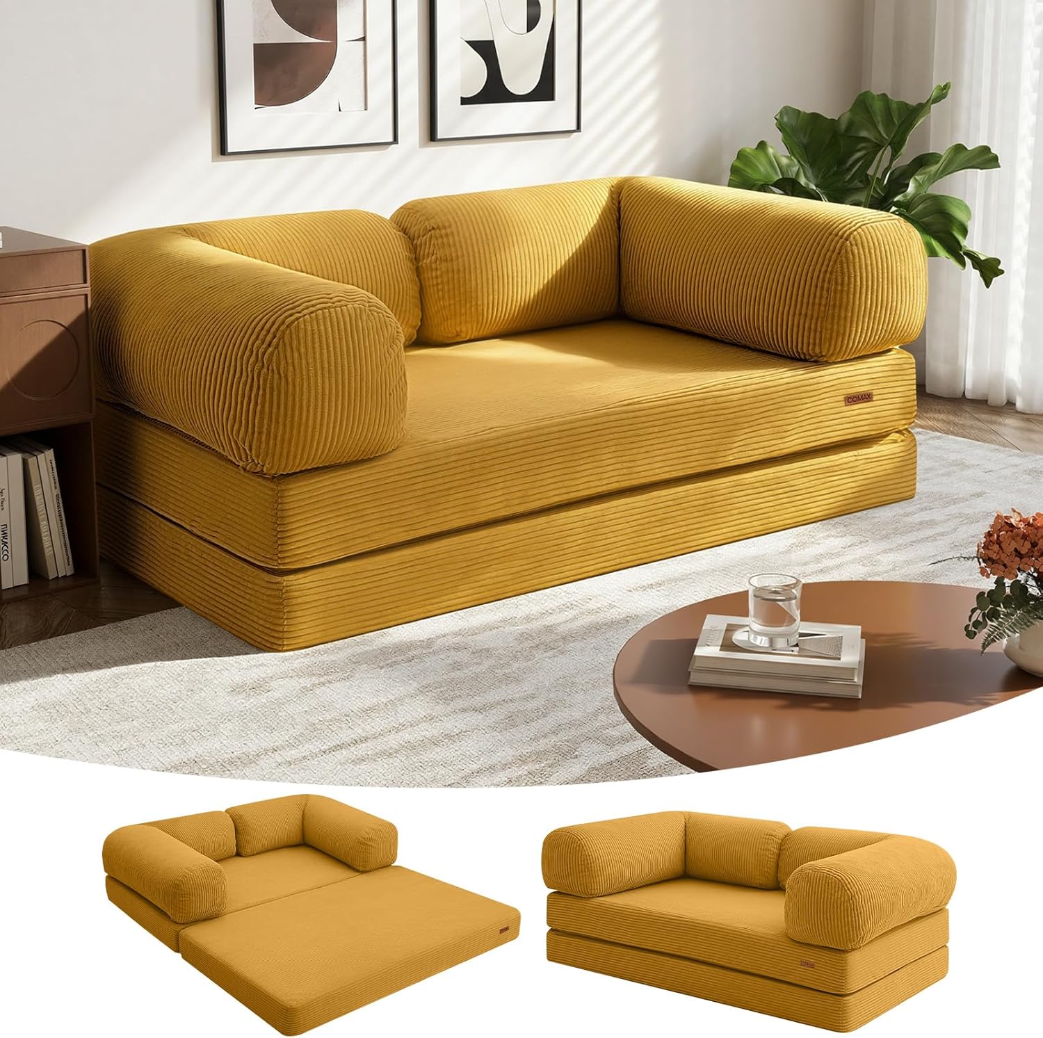 COMAX Futon Sofa Bed, 4-in-1 Floor Foldable Sofa Couch Bed Queen with L-Shaped Armrests, Convertible Folding Chair Bed Sleeper Mattress Fold Out Comfy Lounge for Living Room Bedroom, Yellow Queen Light Yellow 1