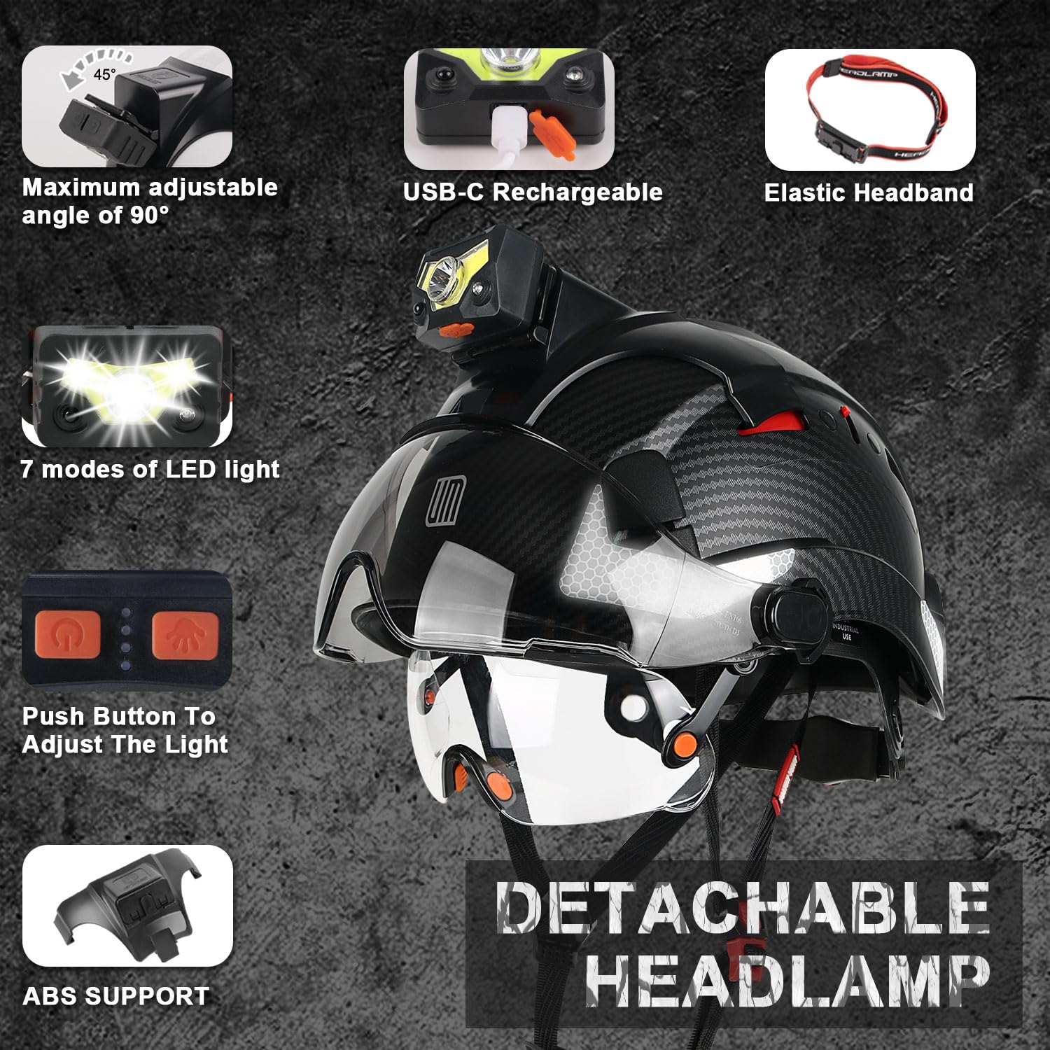 UMULTRAMAXX Harthut mit doppeltem Visier und wiederaufladbarem Scheinwerfer, inkl. Rucksacktasche und Totenkopf Mützeneinsatz, Schutzhelm für Herren, ideal für Baustelle