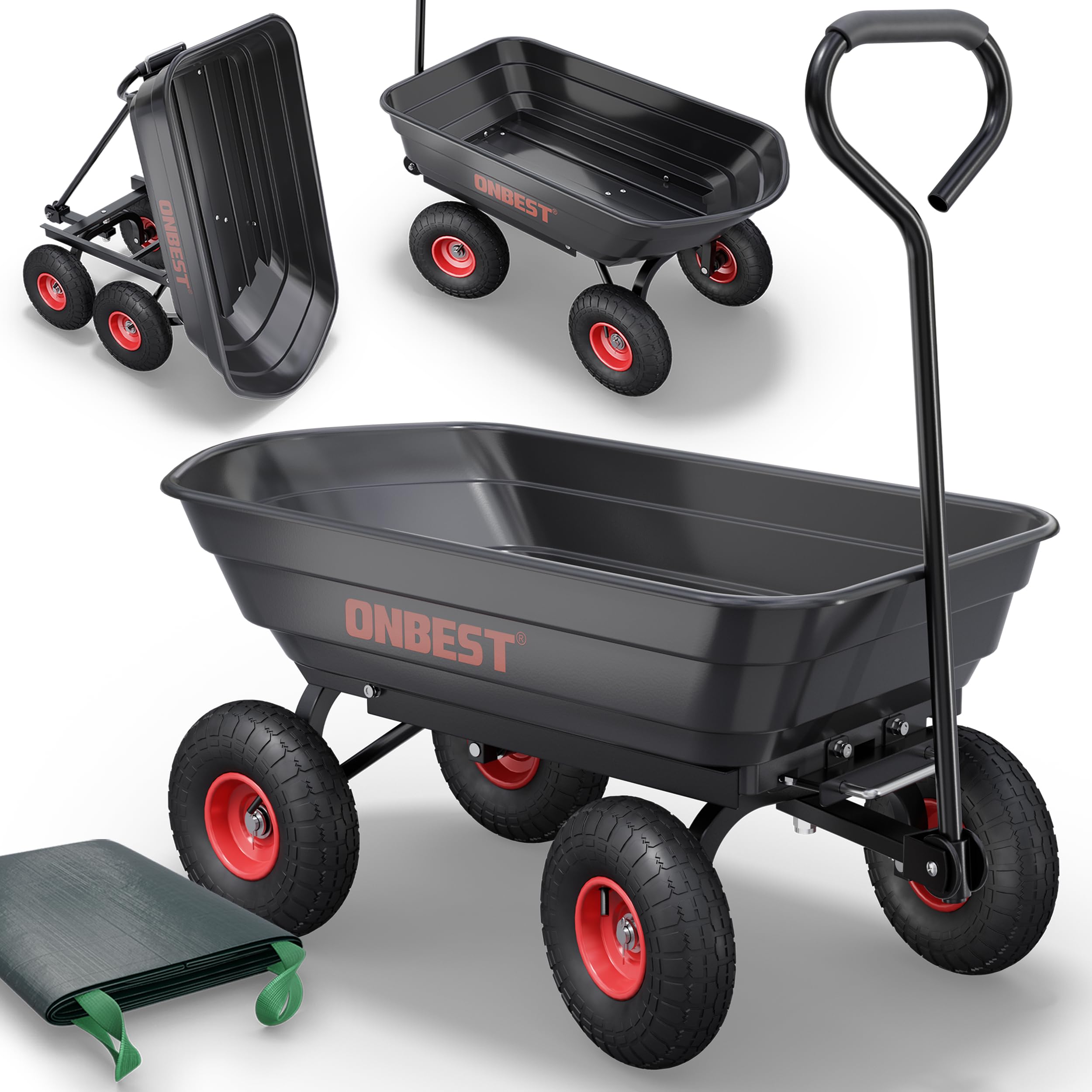ONBEST Transportwagen mit Kippfunktion – 300 kg, 75 L Wanne | Schwarze Gartenkarre mit großer Kunststoffwanne – als Bollerwagen und Dumper inkl. großem Gartenabfallsack