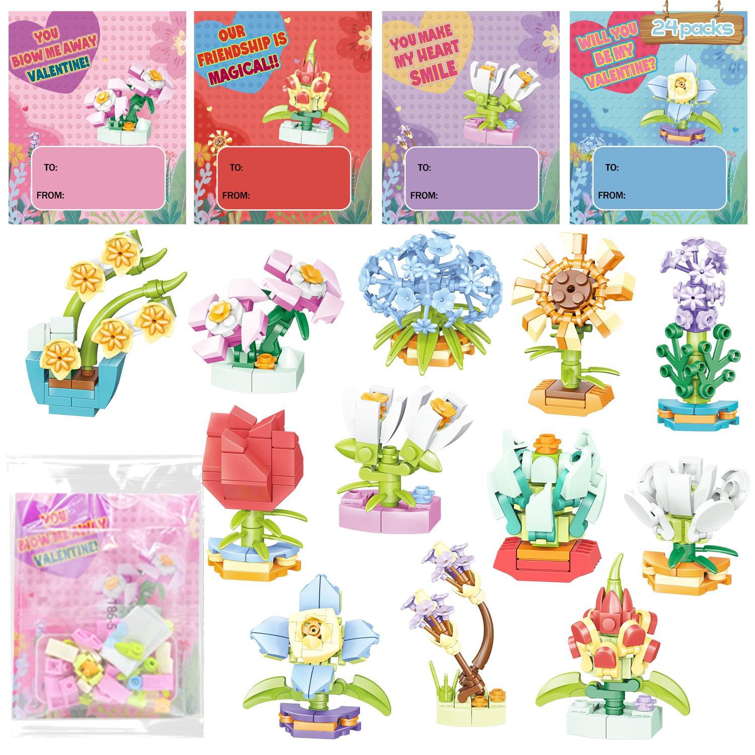 WODMAZ Valentines Day Cards for Kids, 24 Packs Flower Bouquet Building Blocks with Valentines Gift Cards for Kids Class Valentines Gifts Exchange,