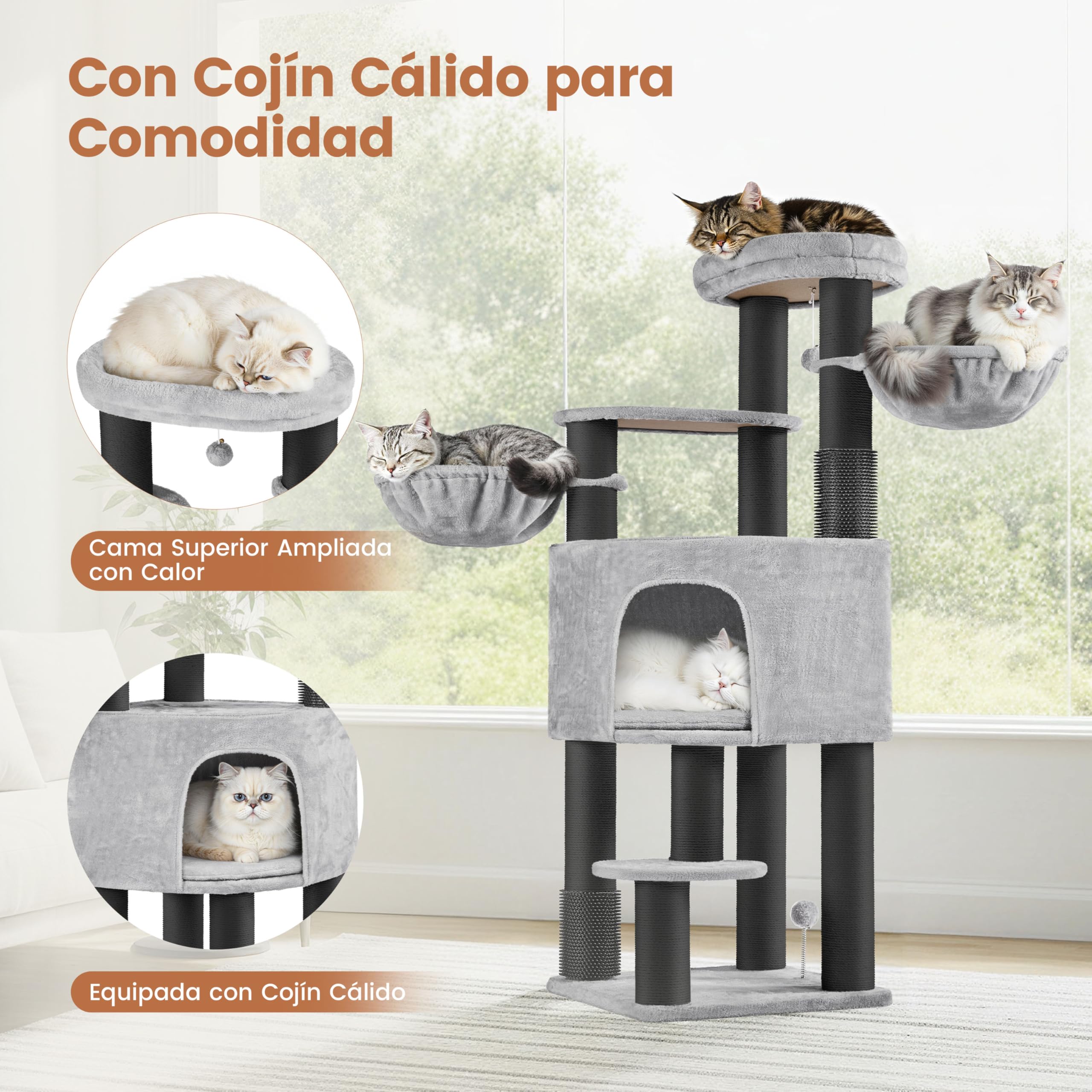 Árbol para Gatos Multinivel Torre Rascadora para Gatos con Postes Rascadores Gruesos 2 Cepillos Rodillos Percas Condominio Cestas Bola Colgante para Gatos Grandes Gris Claro/Negro