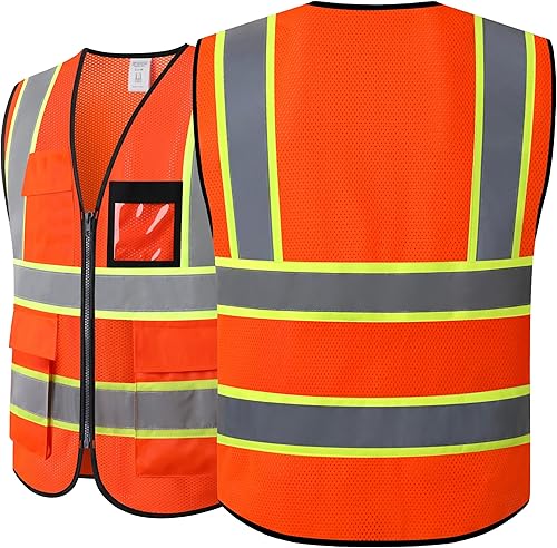 Vista 34 de Chaleco de seguridad para mujer, chaleco de alta visibilidad con 8 bolsillos y cremallera frontal, chaleco reflectante de malla que cumple