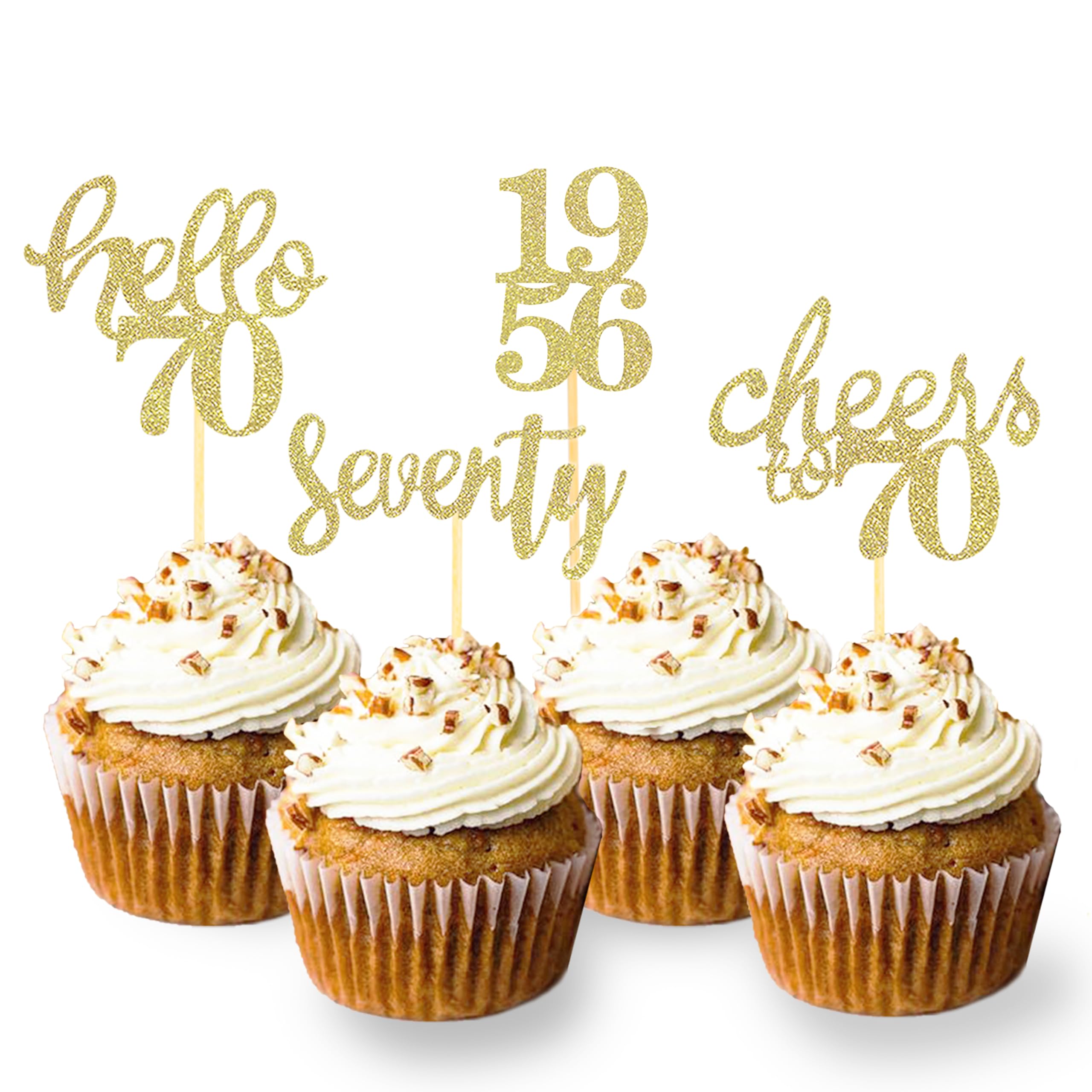 24 Pieces Glitter 70th Birthday Cupcake Toppers for Celebrating 70th Birthday Party Decorations for Seventy Years Old Birthday Party Supplies (Gold2)