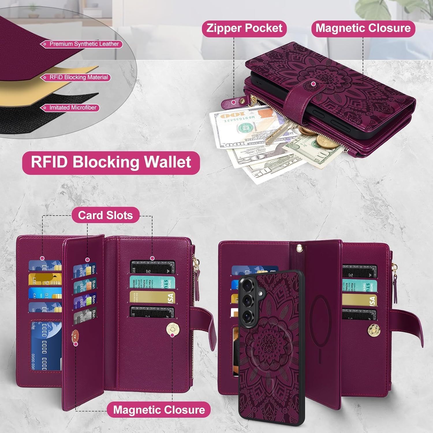 Harryshell 2 in 1 for Samsung Galaxy S26 Plus Wallet Case Magnetic Compatible with Magsafe RFID Blocking Card Holder Detachable Phone Cover Zipper Purse Kickstand Wrist Strap for Men Floral Burgundy