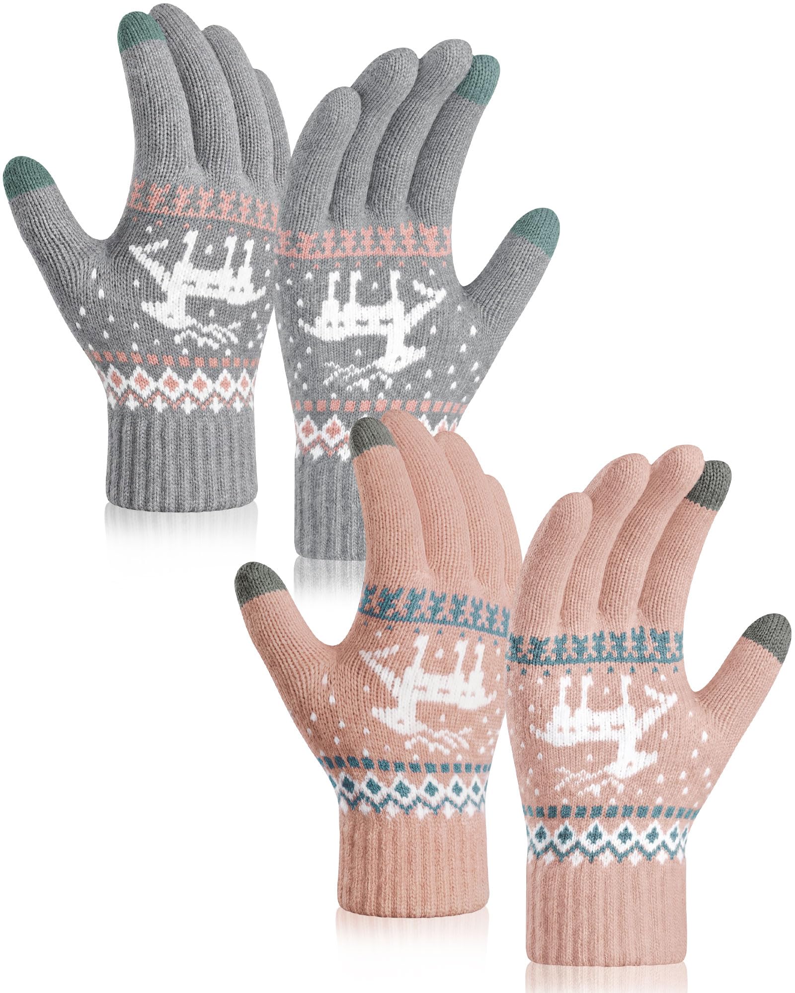 Chalier Fashion Damen Touchscreen Handschuhe Winterhandschuhe, 2 Pack | Warme Weich Bequeme Muster Strickhandschuhe für Smartphone Alltag Outdoor Kleine Geschenk für Frauen