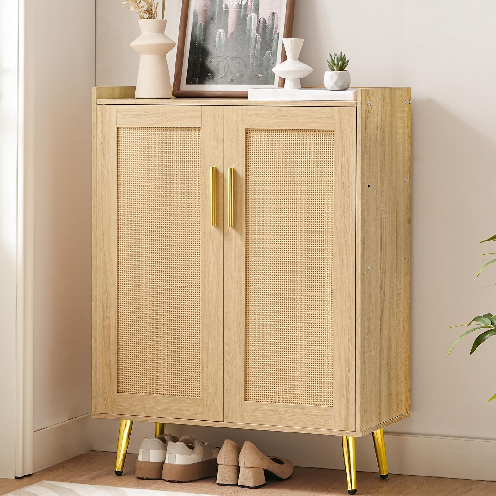 HOOBRO Shoe Cabinet, 5-Tier Shoe Storage Cabinet, Rattan Shoe Cabinet with Doors, 37.8" Tall Shoes Rack Organizer Cabinet for Entryway Hallway Front Door, Adjustable Shelf, Natural NL18SC01