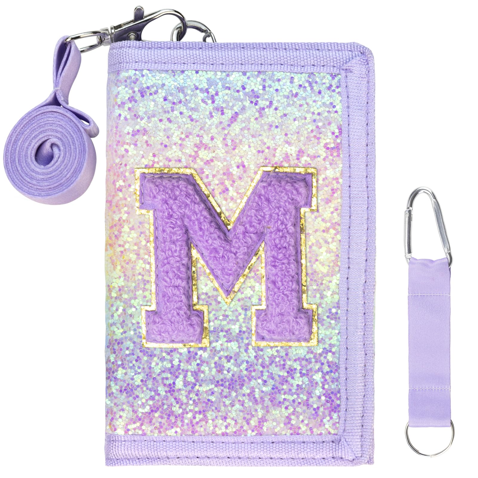 SiorVeol Girls Wallet for Kids Initial Glitter Wallets Trifold with Zipper and Card Slots Including Neck Lanyard and Hanging Strap, Pink Purple, M