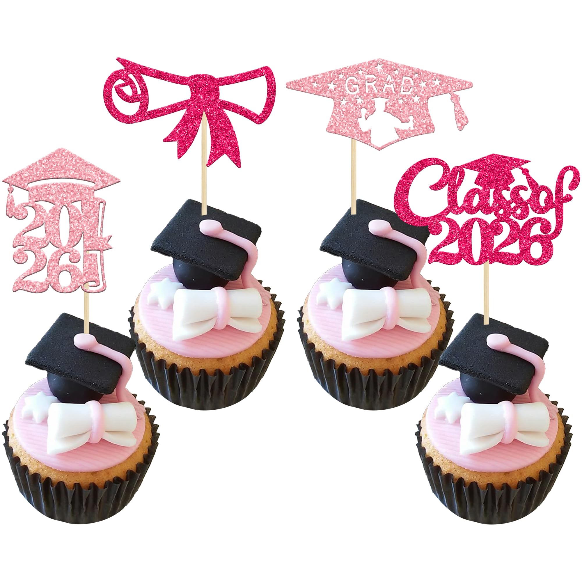Gyufise 24Pcs 2026 Graduation Cupcake Toppers Glitter Diploma Congrats Grad Cap Cupcake Picks Class of 2026 Cake Decorations for 2026 Graduation Theme Party Supplies Rose Red