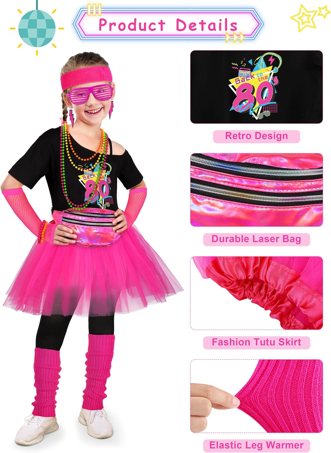 AOTHSO 18 Pieces 80s Outfit for Kids Girls 80s Costume Accessories Set Halloween Cosplay 1980s Party - Image 3