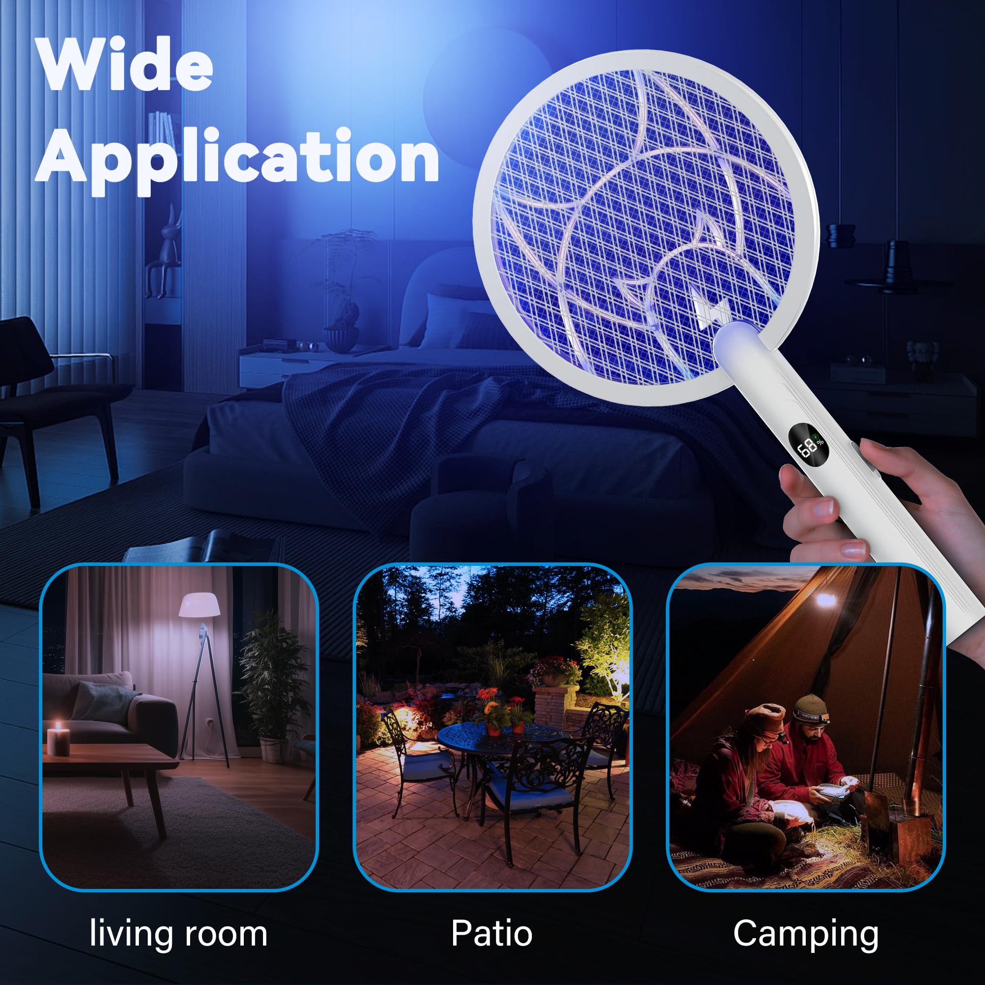 Nymrix Raqueta eléctrica matamoscas 2 en 1, matamosquitos de 4100 V, matamosquitos de mano con batería recargable de 1800 mAh, luz púrpura y malla de seguridad de 3 capas para interiores y exteriores