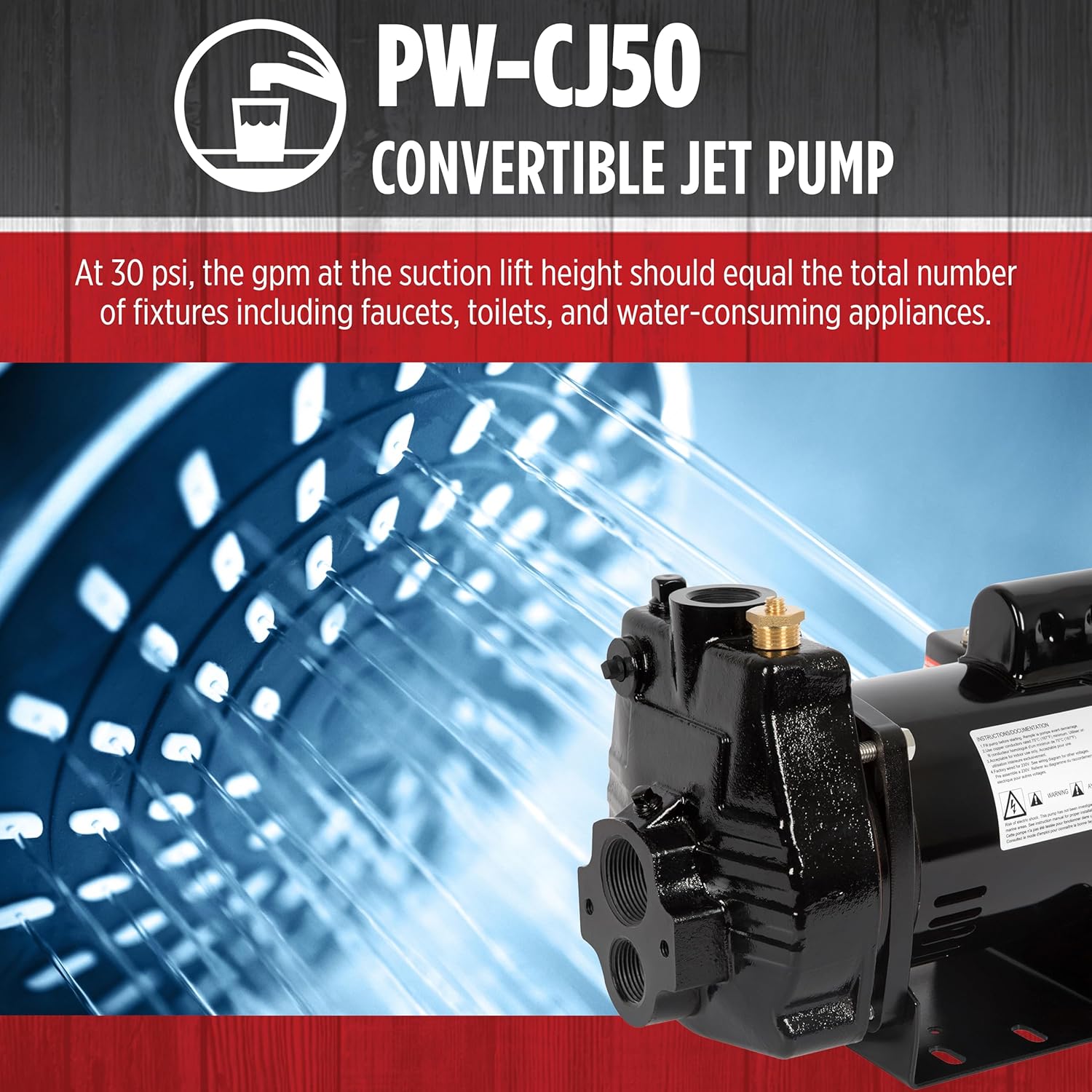 Red Lion PumpWorks PW-CJ50 115/230 Volt, 1/2 HP, 7.9 GPM Convertible (Shallow or Deep Well) Jet Pump, Black, 97090501