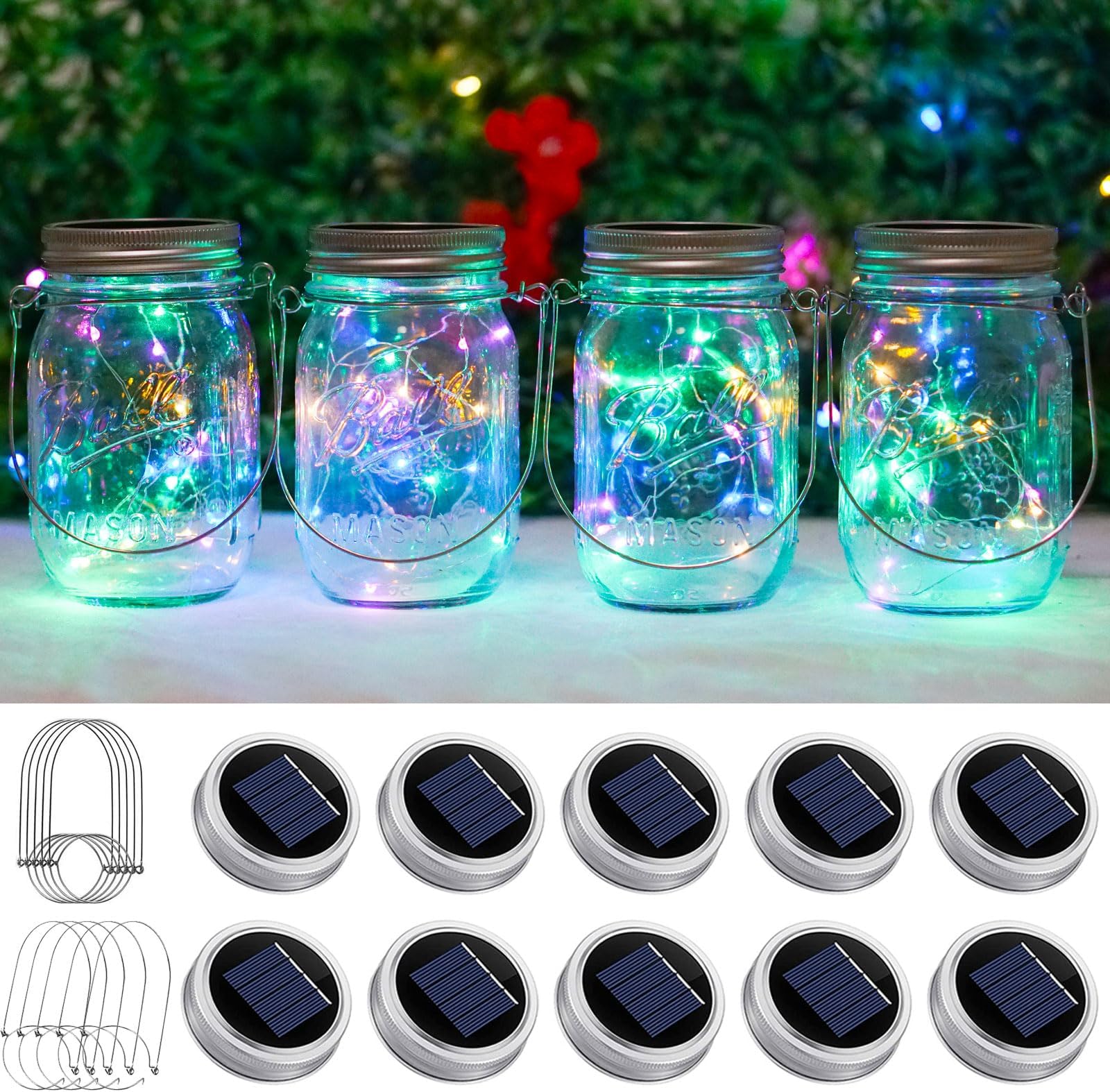SmilingTown Solar Light for Mason Jars 20 LED Outdoor Fairy String Light Lids with Hangers for Jar Lantern Waterproof Rust Resist for Patio Lawn Garden Decor No Jars 10 Pack (Multicolored)