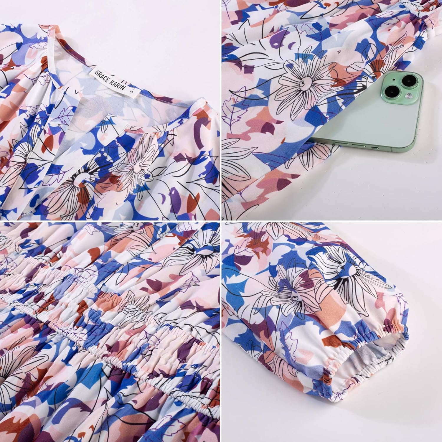 GRACE KARIN Long Sleeve Dress for Women 2026 Spring Wedding Guest Dress Floral Boho A Line Flowy Maxi Dresses with Pockets - Image 6