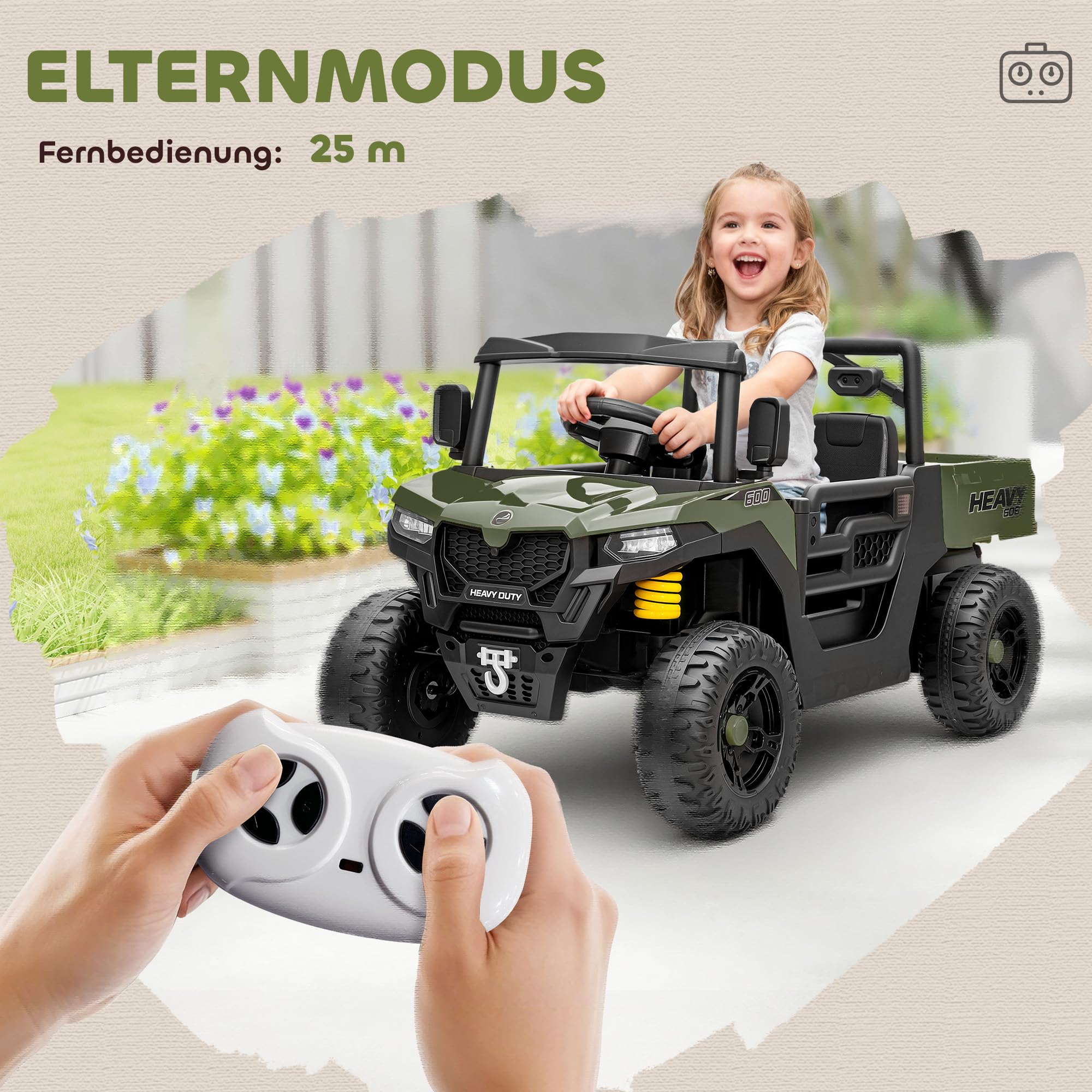AIYAPLAY Kinder Elektroauto 12V UTV mit 2,4 GHz Fernbedienung 2 Motor Grün | Kinderauto, Kinderfahrzeug, Softstart, Federungssystem, Kofferraum, Musik, USB-Anschluss, Hupe, für 3-8 Jahre