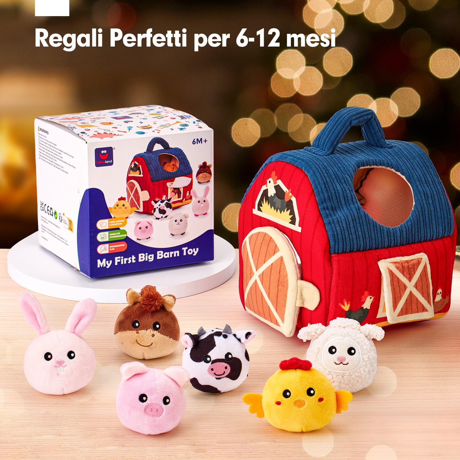 hahaland Giochi Bambino 1 Anno Montessori - Casa Morbida Montessori 6-12 Mesi Animali da Fattoria con Fienile/Sonaglio/Specchio, Gioco Bambino Sensoriale Regalo Bimbo Bimba 1 Anno
