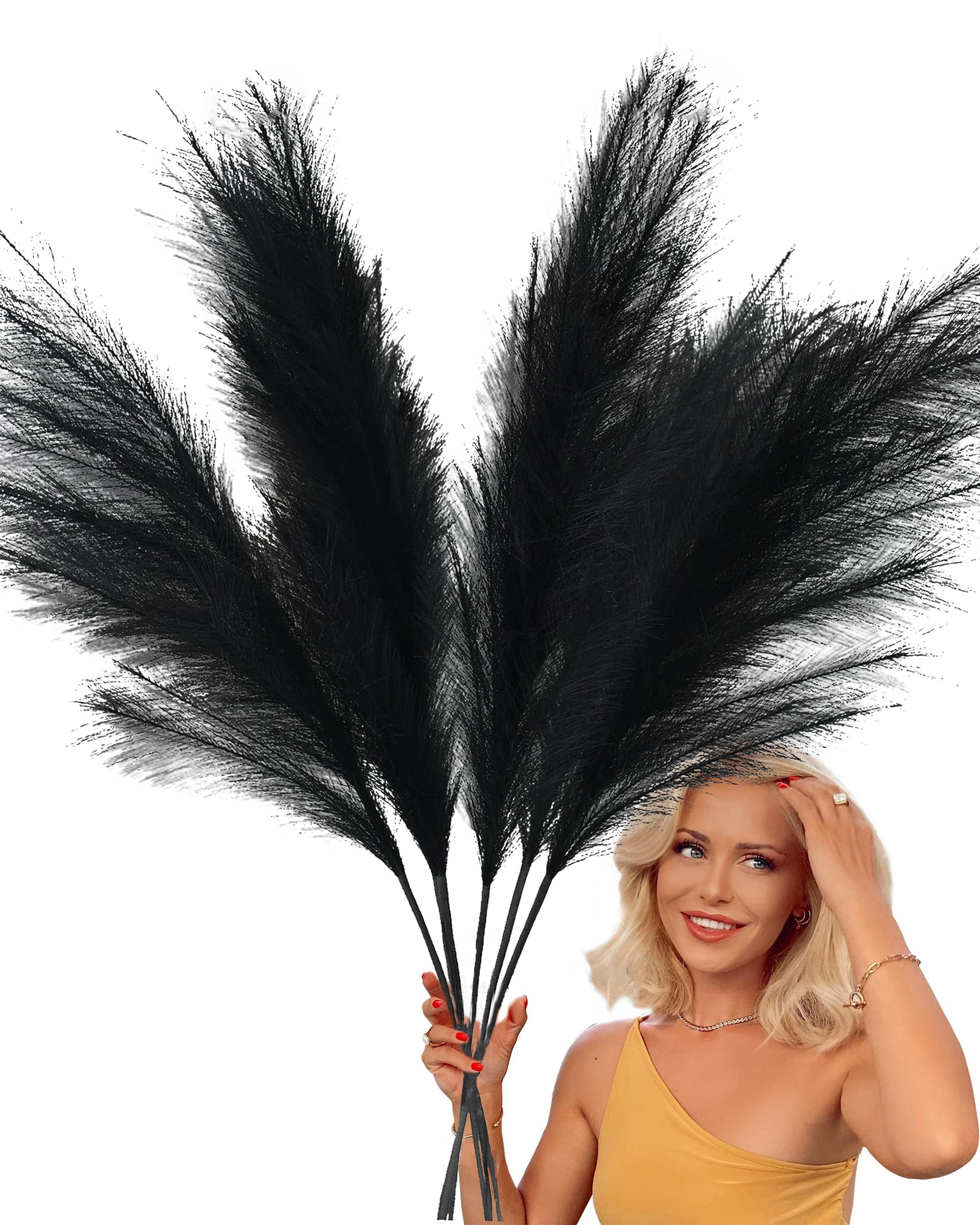 43'' Black Pampas Grass Decor Tall 3-pcs, Black Living Room Decor, Tall Pampas Grass for Floor Vase, Artificial Pampas Grass Tall, Black Room Decor