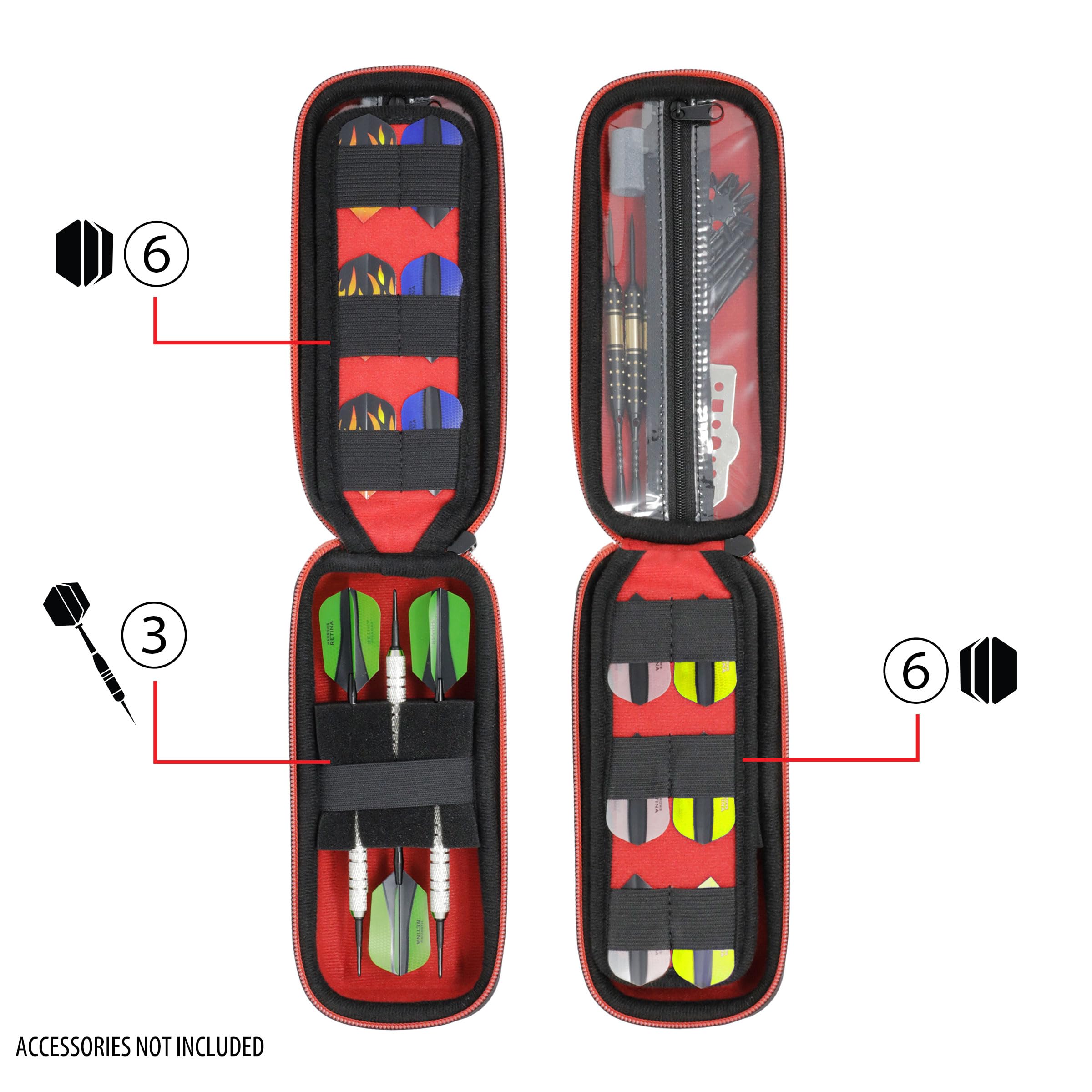 USA Gear Funda para Dardos - Estuche 3 Dardos de Punta Blanda con Compartimento Puntas de Plástico, 12 Ranuras Plumas, Varillas y Otros Accesorios - Diseño de Espuma con Cierre Seguridad (Rojo) — view 3