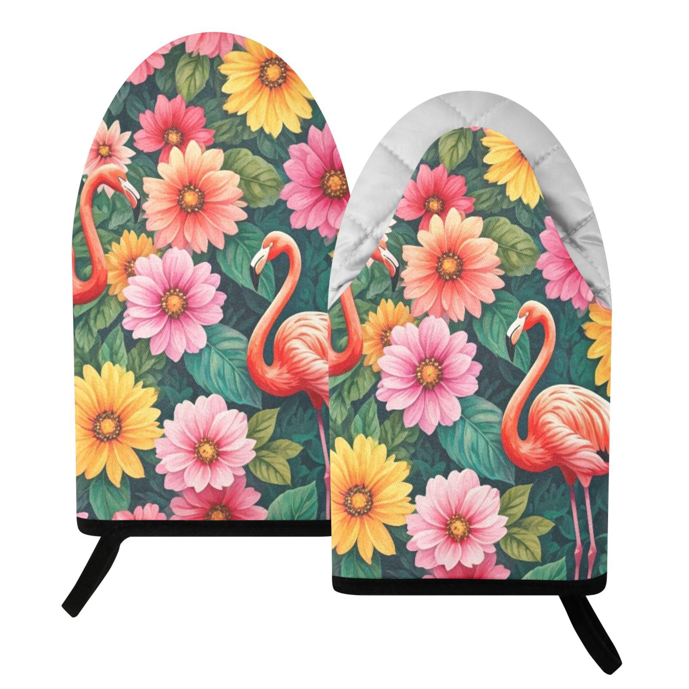 Fuauuyl Oven Mitts Heat Resistant Kitchen Gloves, Tropical Floral Flamingo Classic Oven Gloves with Hanging Loop for Baking BBQ Cooking Grilling, 1 Pair, 9.5 in