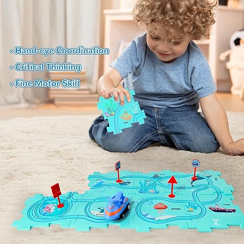 Miniatura 2 de Juego de rompecabezas de coche de pista, rompecabezas de piso de plástico para niños de 3 a 5 años con vehículos, rompecabezas de carrito eléctrico,