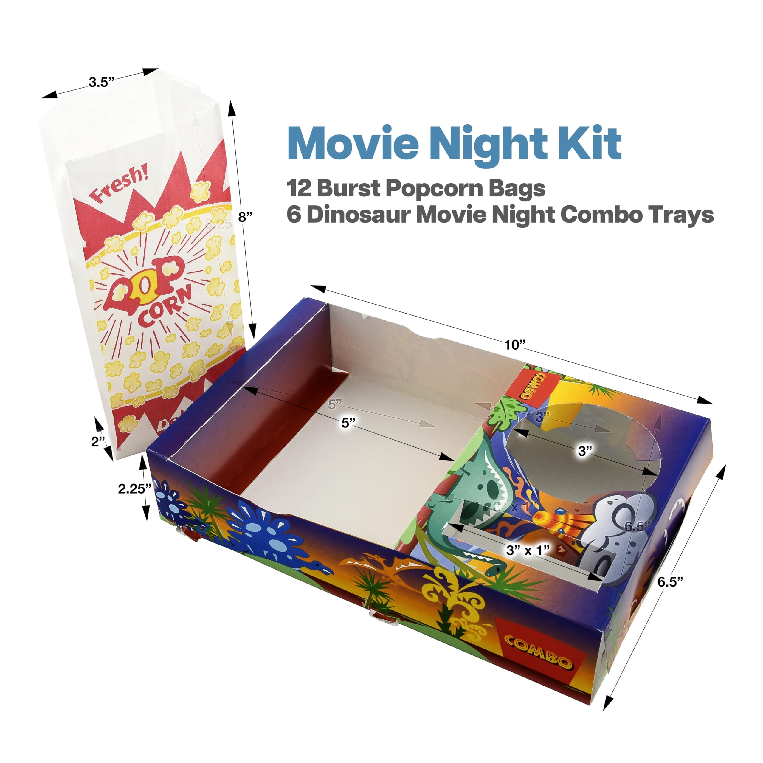 SNAPPY Kit de noche de cine, 18 unidades, bolsas de palomitas de maíz con diseño de ráfaga (12 unidades) y bandejas de aperitivos de noche de cine para niños (6 unidades) – Cajas de aperitivos de cine