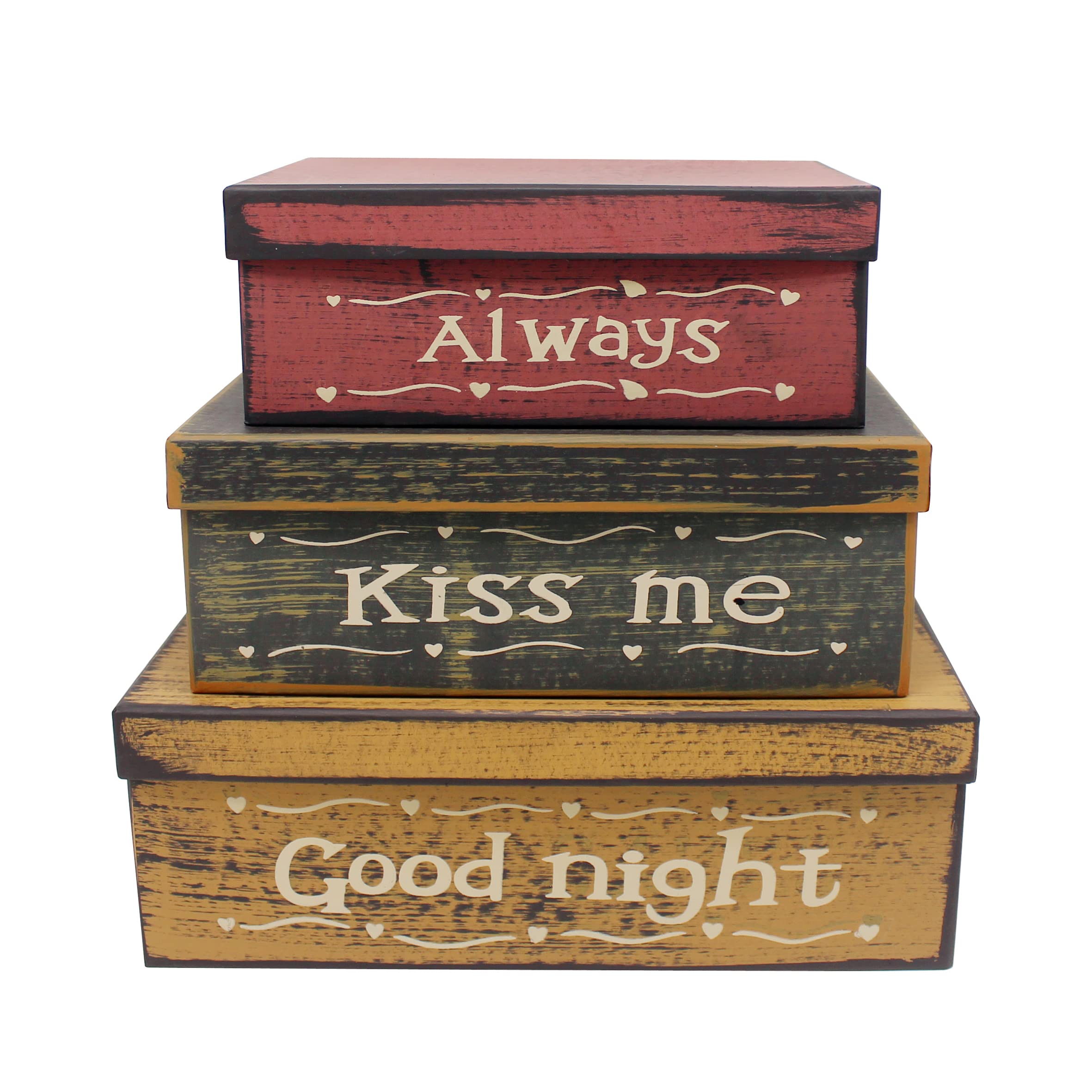 Boîtes gigognes pour photos et décoration vintage Always Kiss Me Good Night au salon