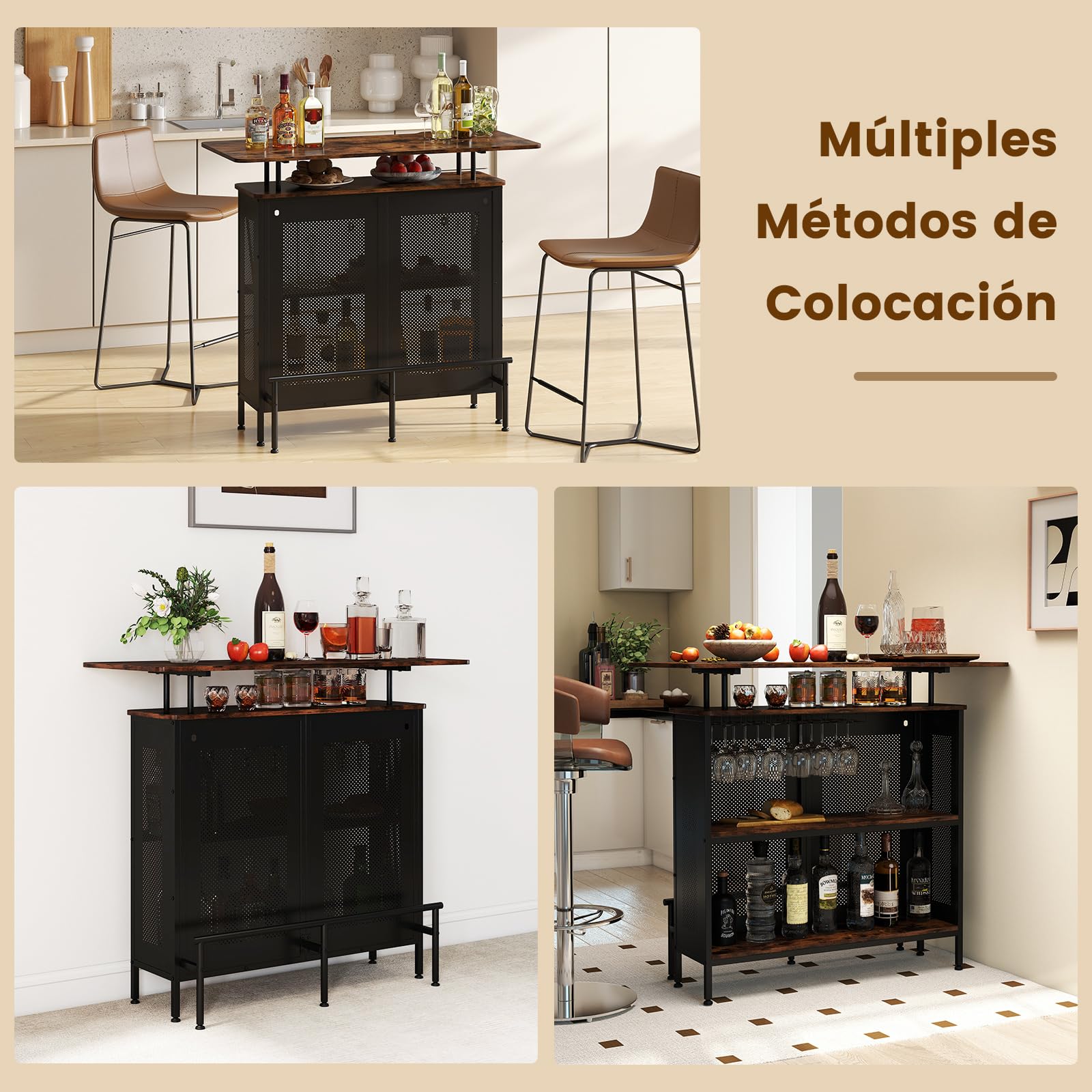COSTWAY Mesa de Bar, Armario de Metal con 2 Estantes para Vino y 6 Soportes para Copas, Reposapiés y 7 Patas Ajustables, Mesa de Bar de Metal para Cocina Pub,120x50x106,5 cm (Rectangular Marrón)