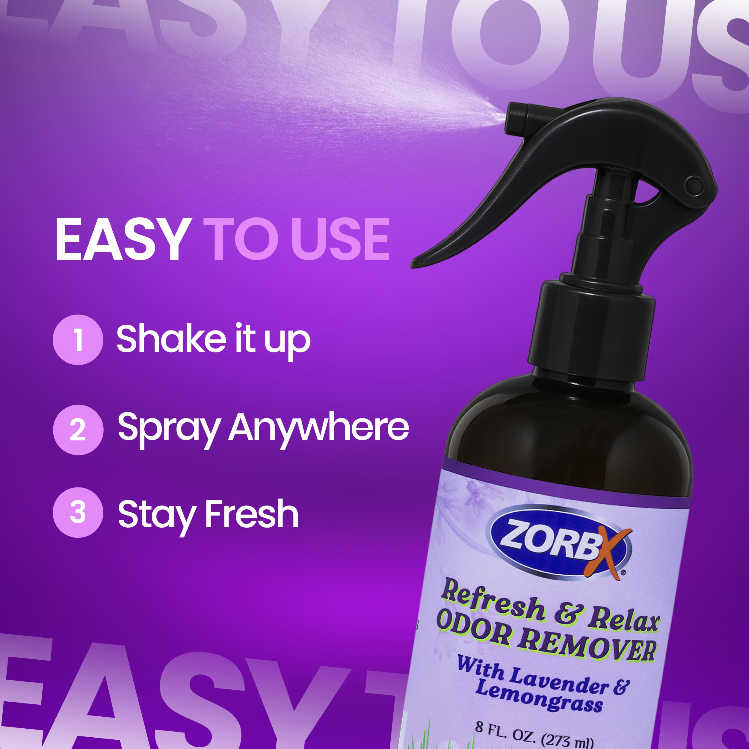Zorbx Refresh & Relax Geruchsentferner Spray mit Lavendel und Zitronengras – Lufterfrischer, Geruchsabsorber für Zuhause, Kleidung, Küche, Zimmer, Stoff, Möbel, Autos (250 ml, 2 Stück)