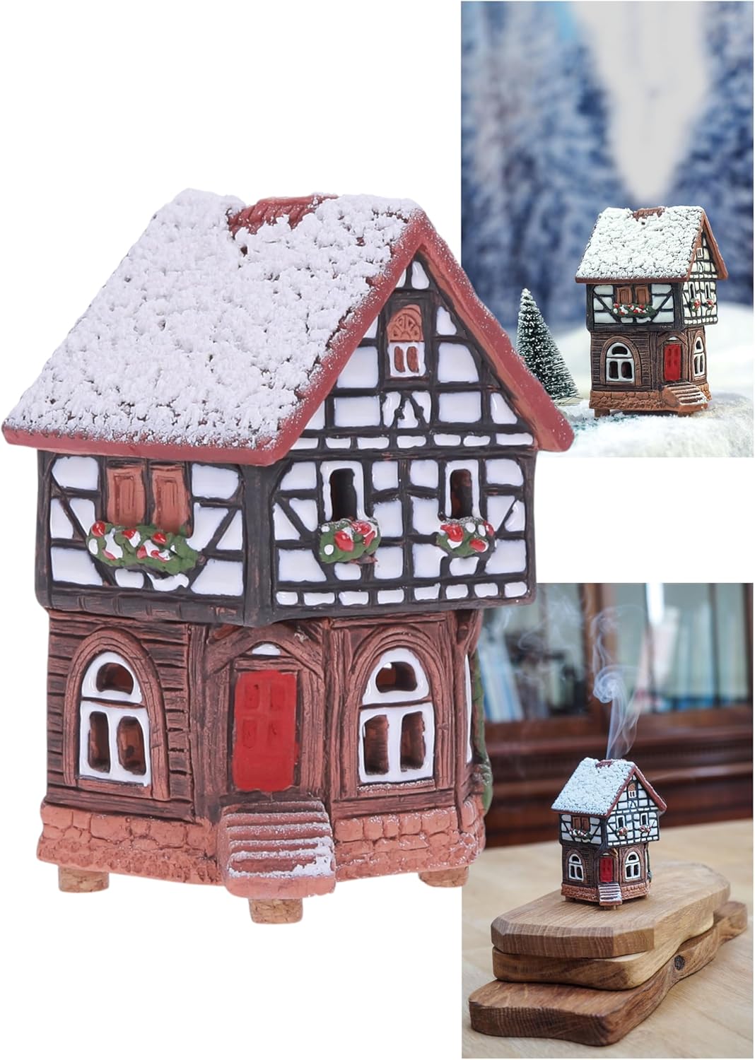 Ceramic Houses and Villages Collection - Handmade Collectible Miniature of Historic House in Lauterbach Germany - Cone Incense Holder, Winter Edition Incense Burner S19-6