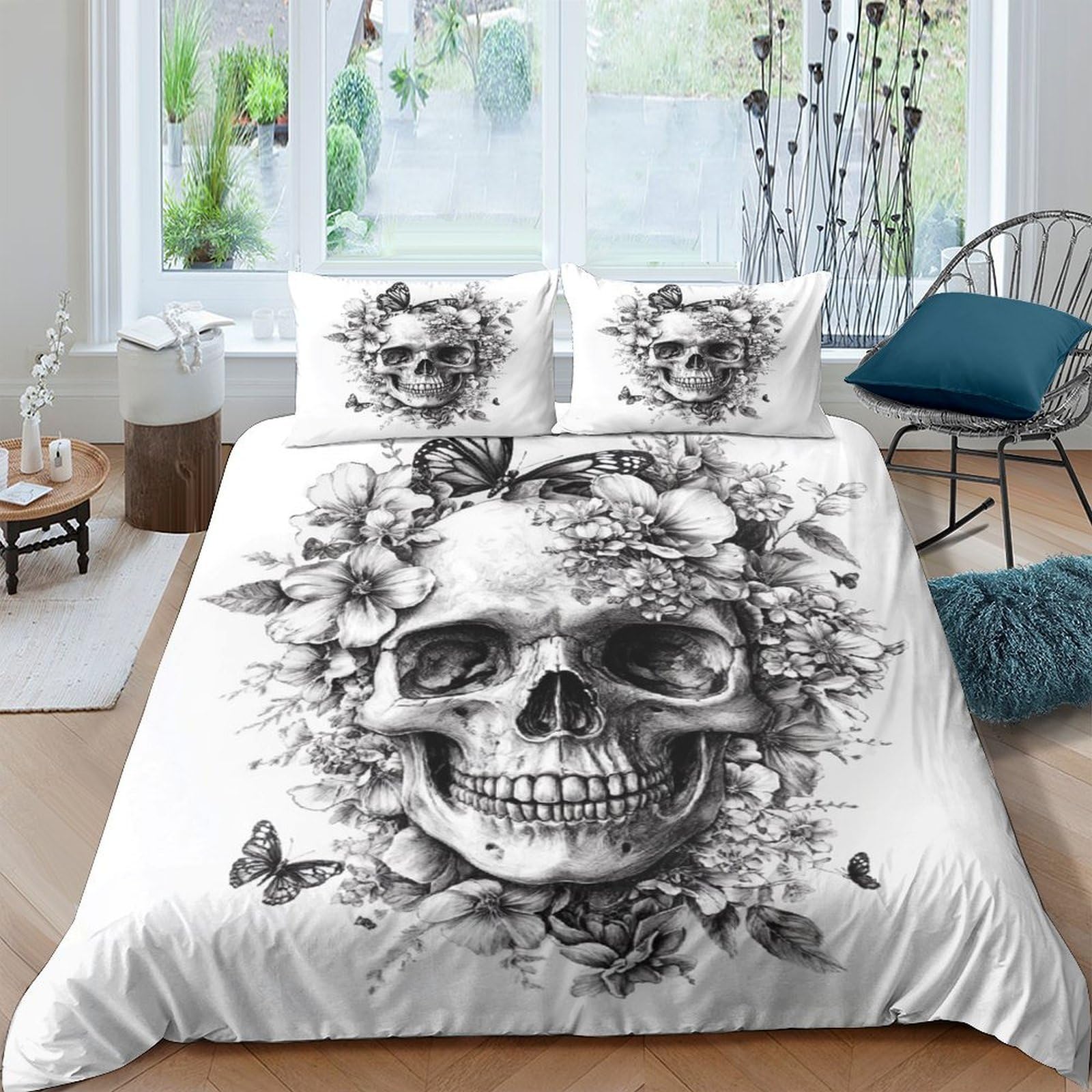 Ctjqhvkz Style-7 3D Printed Skull Floral Fitted Sheet Microfiber Gothic Black White Mattress Cover For Bedroom Dorm Decor Single（135X200cm）