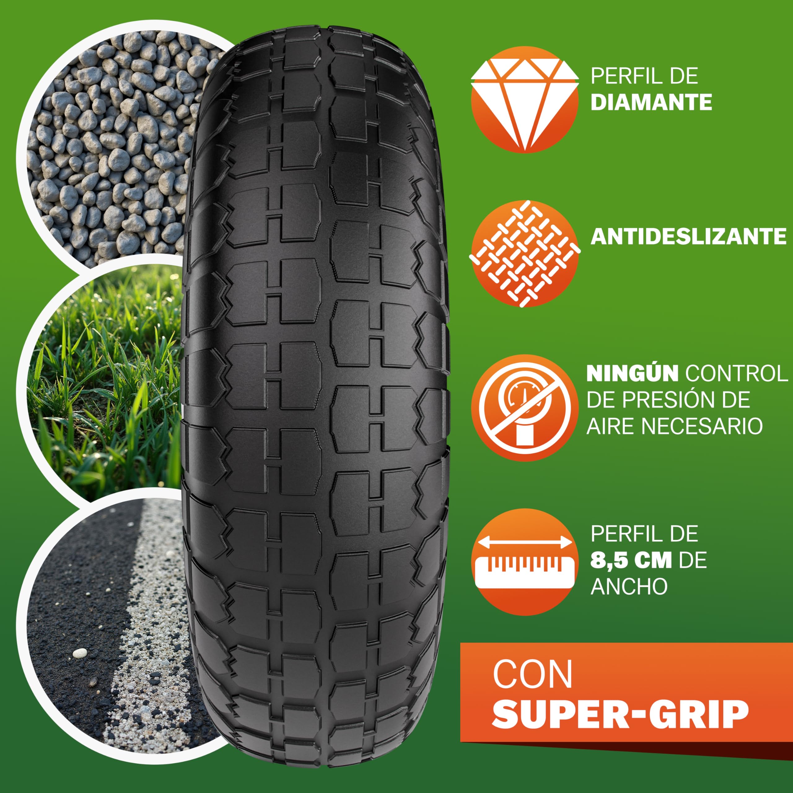 GARDEBRUK® Ruedas de Carretilla Set de 2 Goma Maciza PU Antipinchazos Repuesto Neumático Eje 20 mm Llanta Acero Recambio Capacidad Carga hasta 200 Kg