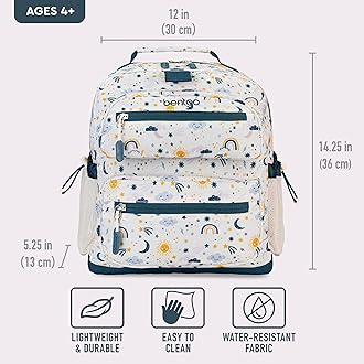 Bentgo® Kids Backpack - Lightweight 14” Backpack in Unique Prints for School, Travel, & Daycare - Roomy Interior, Durable & Water-Resistant Fabric, & Loop for Lunch Bag (Friendly Skies)