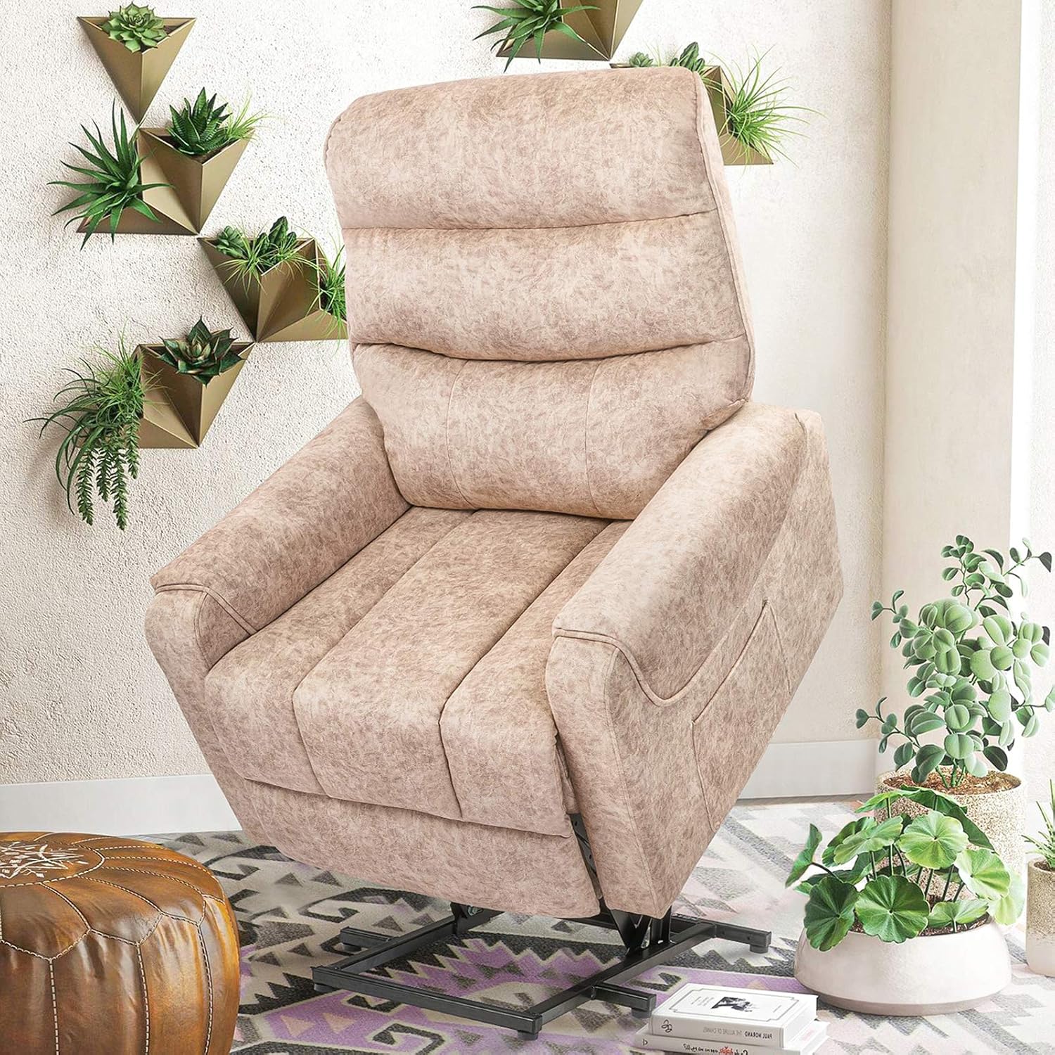 REFICCER Electric Power Lift Recliner Chair Sofa with Massage and Heat for Elderly, 8 Positions, Recliner Adjustable Furniture for Back, Lumbar, Legs, Faux Leather & Flannel (1003LM-Camel)