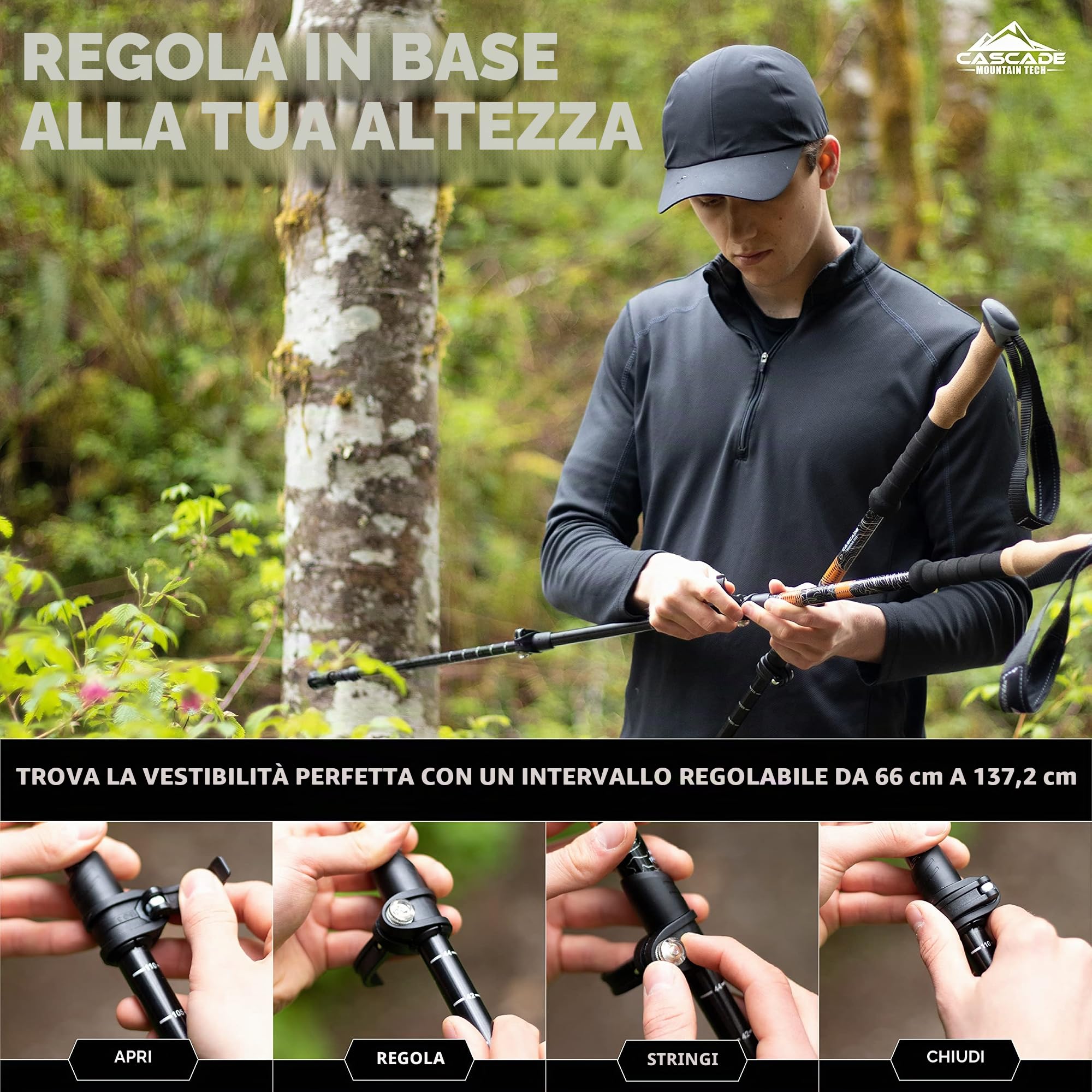 Cascade Mountain Tech - Bastoni da Trekking in Alluminio, con Serrature Regolabili, espandibili Fino a 137,2 cm, Confezione da 2
