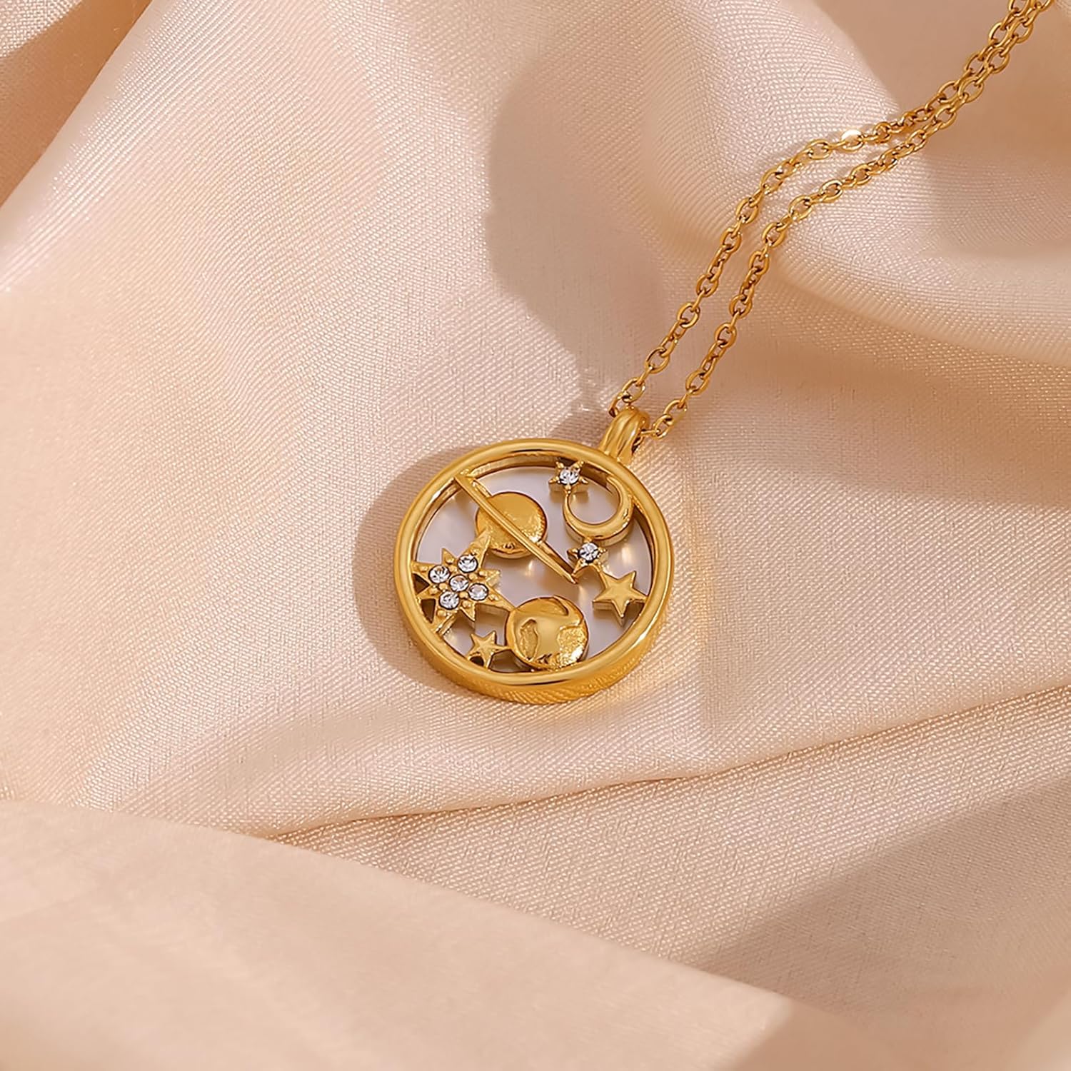 Gold Saturn Necklaces for Women 18K Gold Plated Stainless Steel Moon Star Necklace Dainty Gold Coin with Mother of Pearl Pendant Mothers Day Celestial Jewelry Graduation Gifts - Image 5