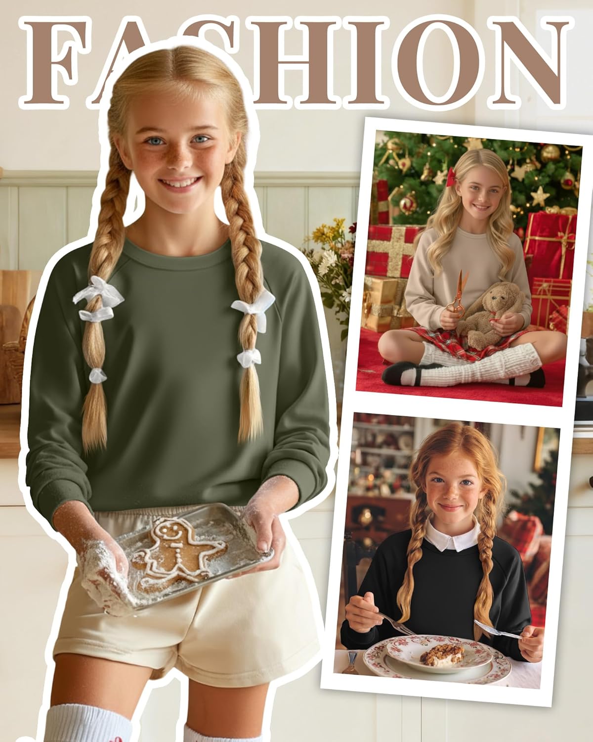 3 Pack Girls Long Sleeve Shirts Kids Crewneck Curve Hem Casual Tops Raglan Sleeve Athletic Comfy Pullover Tees - Image 2