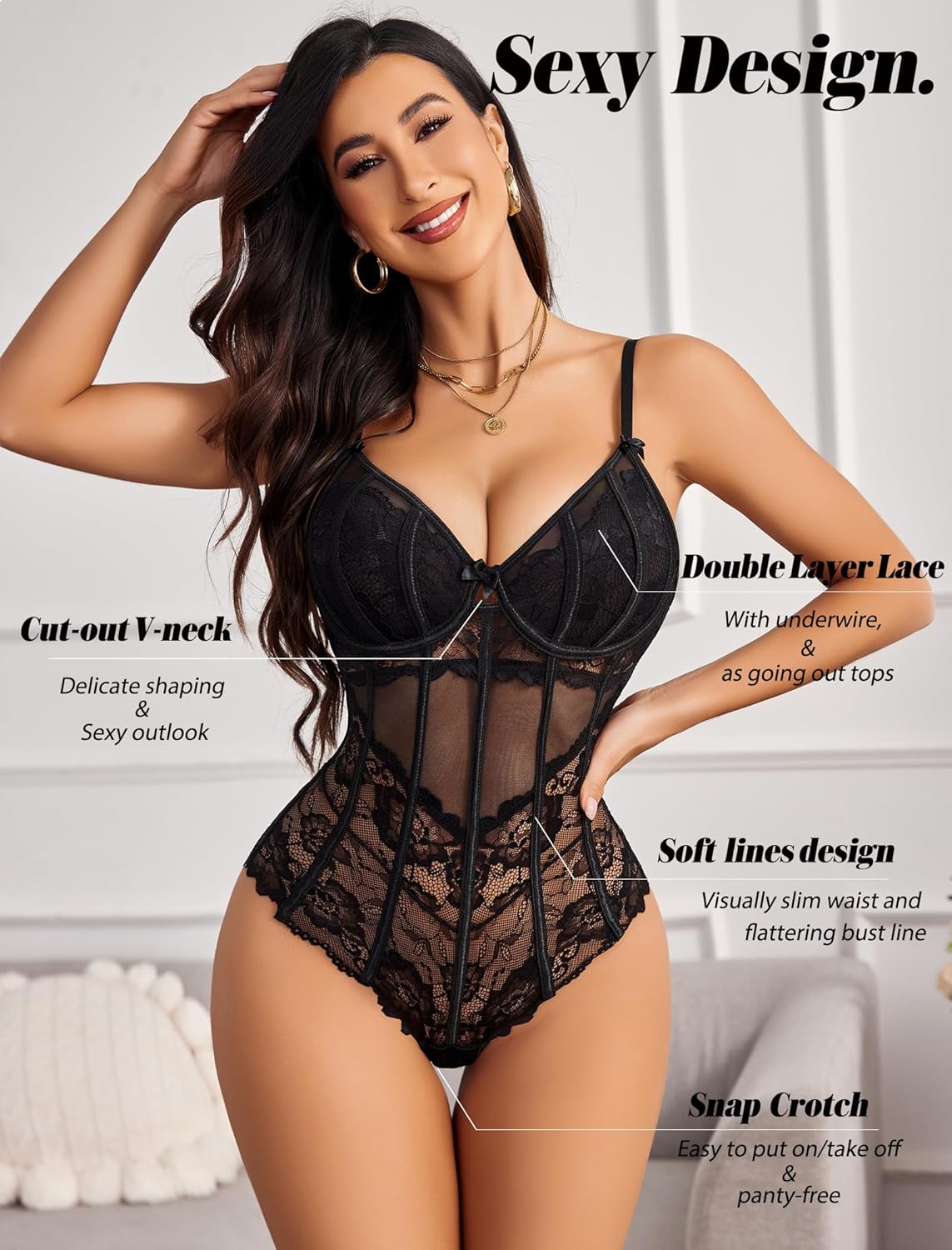 Avidlove Bodysuit for Women Sexy Lace Top One Piece Lingerie V Neck Mesh Tops Going Out Cami Naughty Push Up Body Suit S-XXL - Image 7