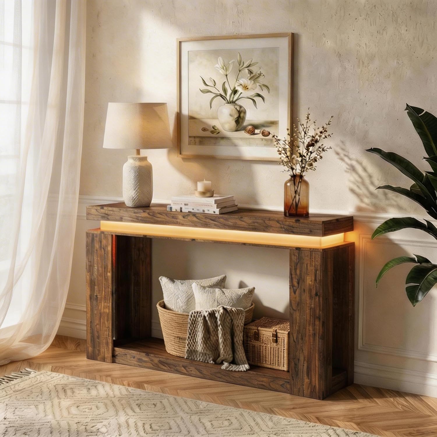 Gyfimoie 63" Long Console Table with Charging Station & LED, 2-Tier Entryway Table with Storage, Narrow Sofa Tables with Heavy-Duty Base, Hallway Console Tables for Living Room, Brown