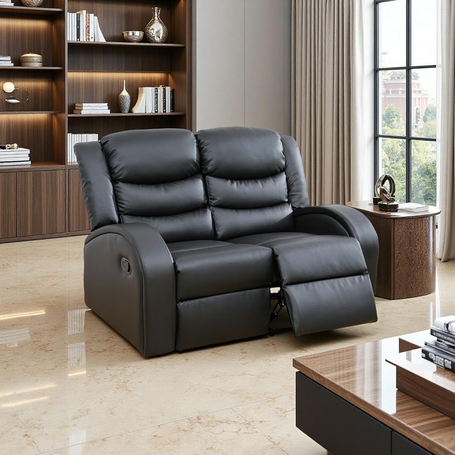 Manual Leather Recliner Loveseat Sets, Living Room Furniture Set, Luxury Reclining Couch Set, Black Leather Recliner 2 Seater Loveseat with Adjustable Footrests and Padded Armrests for House