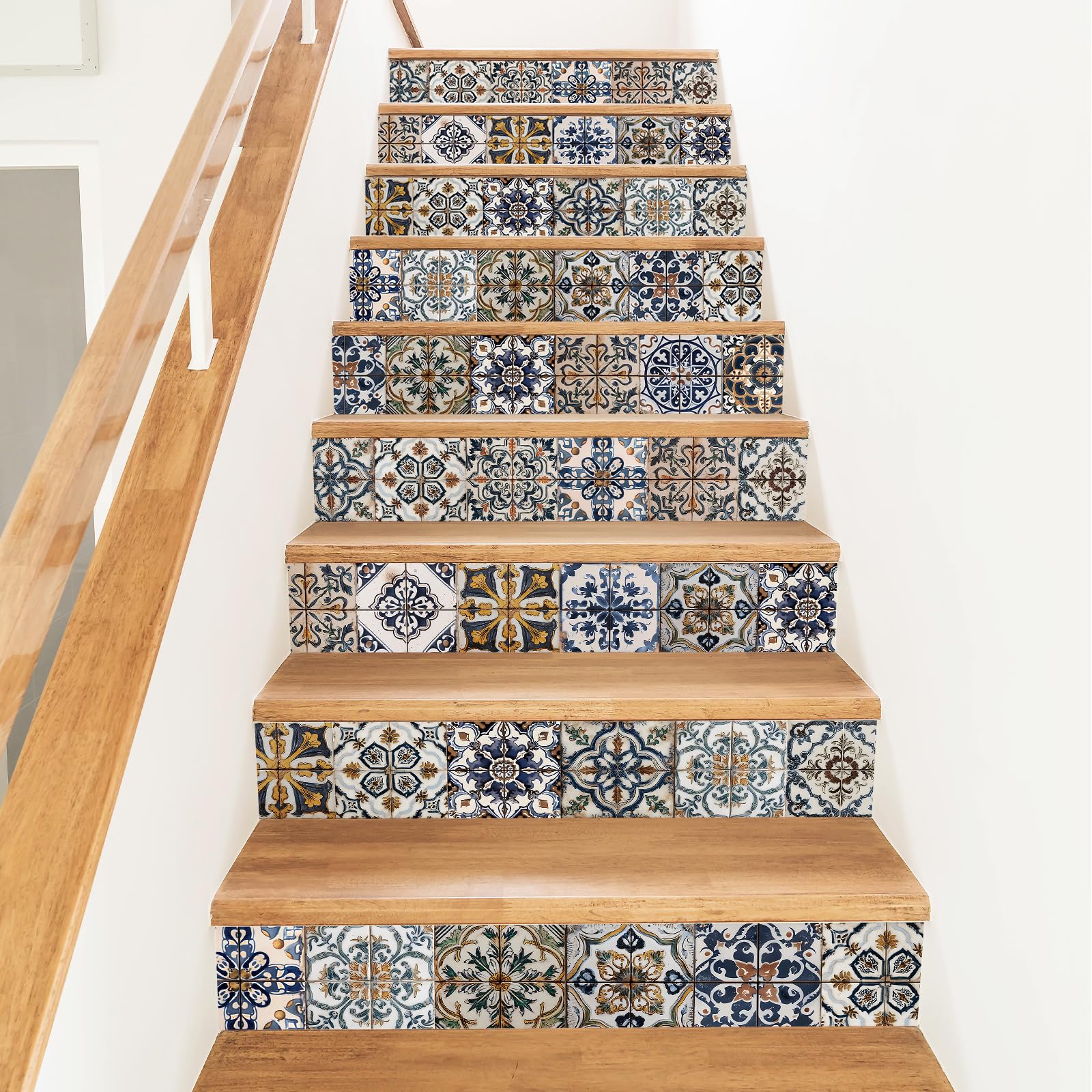 PLIGREAT 15 Pcs Vintage Tiles Pattern Stair Riser Decals, Peel and Stick Stair Stickers for Steps 18x100cm Self-Adhesive PVC Decals Staircase Murals Decor for Home Hotel