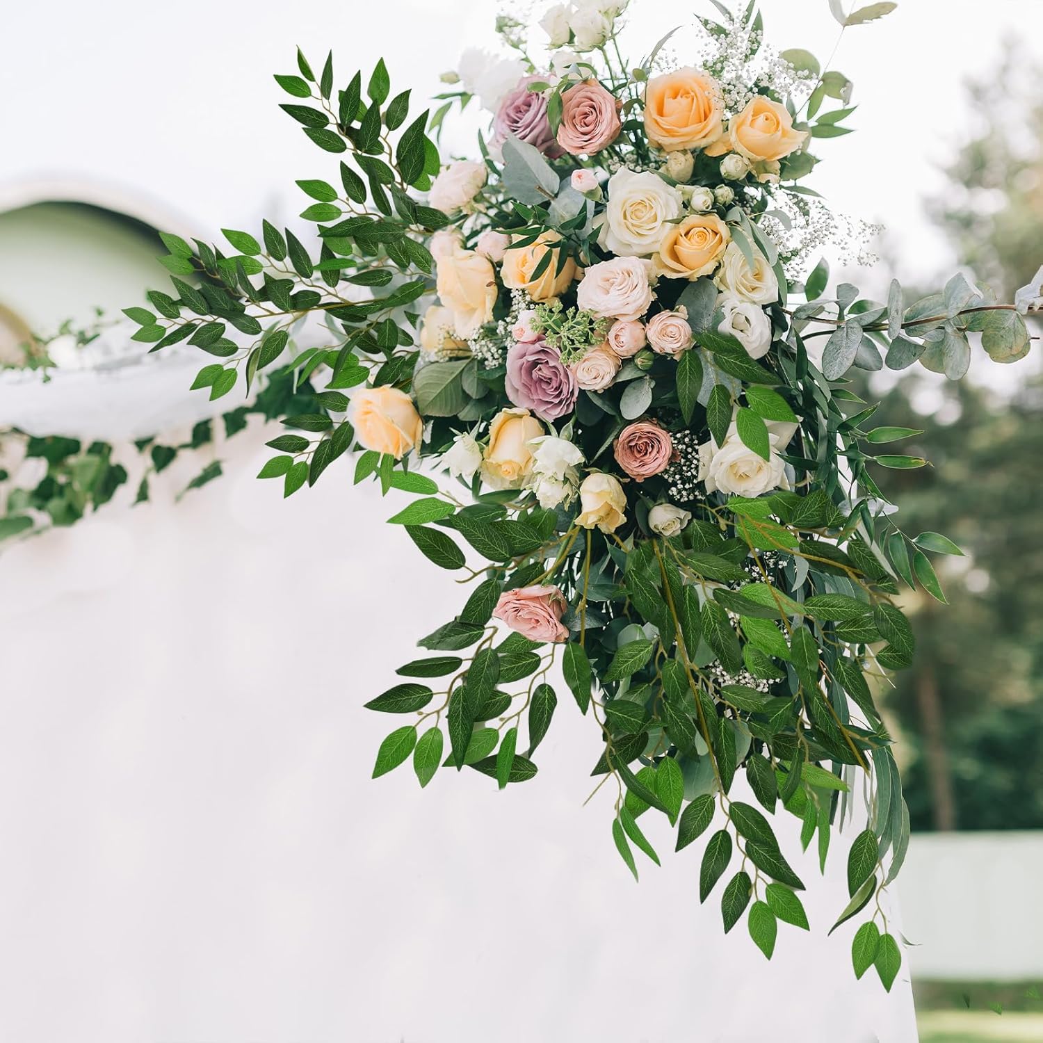 CEWOR 24pcs Italian Ruscus Greenery Stems, 27.6in Artificial Green Leaf Garland Vines Hanging Spray for Wedding Arch Bouquet Filler Table Centerpieces Home Decor