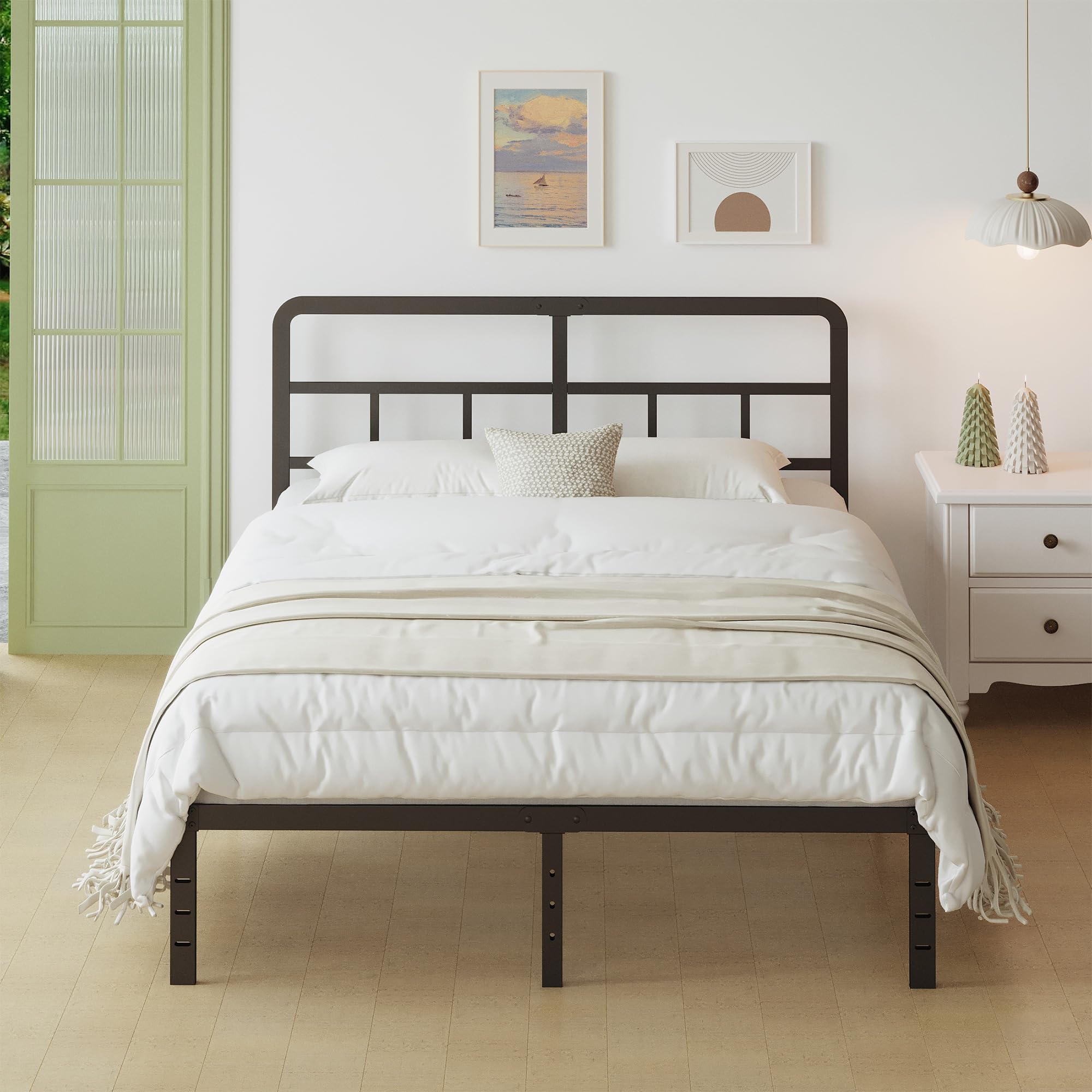 Lutown-Teen Cama de Metal 160x190 cm con Cabecero de Esquina Curvo, Altura 36 cm, Marco de Cama Matrimonio con Somier de Láminas de Acero, Espacio Almacenamiento, Fácil Montaje, Negro