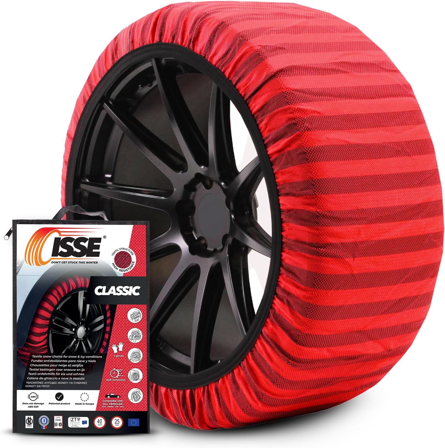 ISSE Snow Socks T-58 | Homologated and High Safety Textile Snow Chains - Kit of 2 Chains for Cars + Gloves