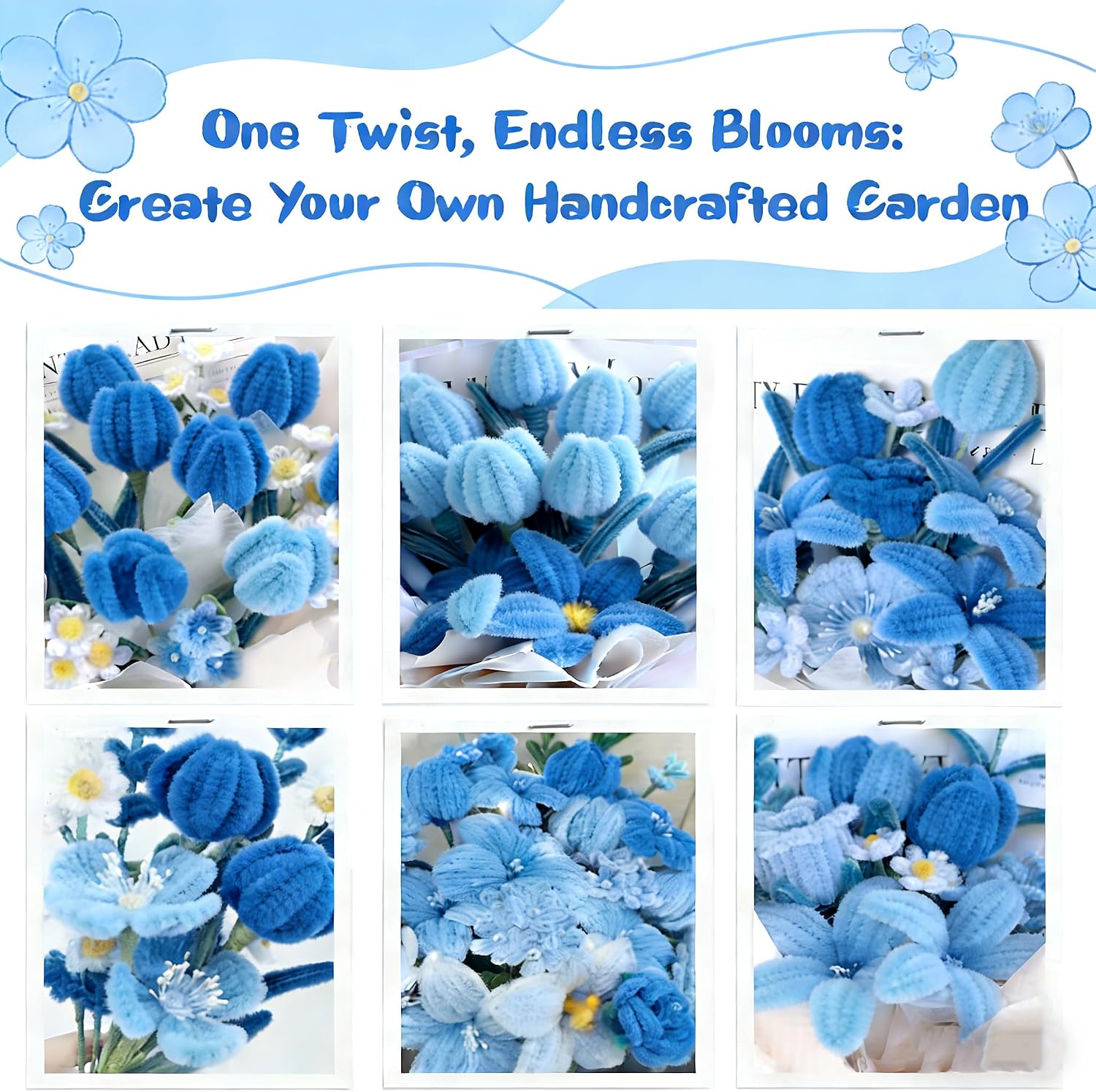 ZFTFZ Blue Pipe Cleaners for Flower Kit- 500pcs Chenille Stems (6 Colors), 25 Floral Stems & Stamen - Includes Mesh, Wrapping Paper & Gift Box for Handmade Rose/Tulip Art