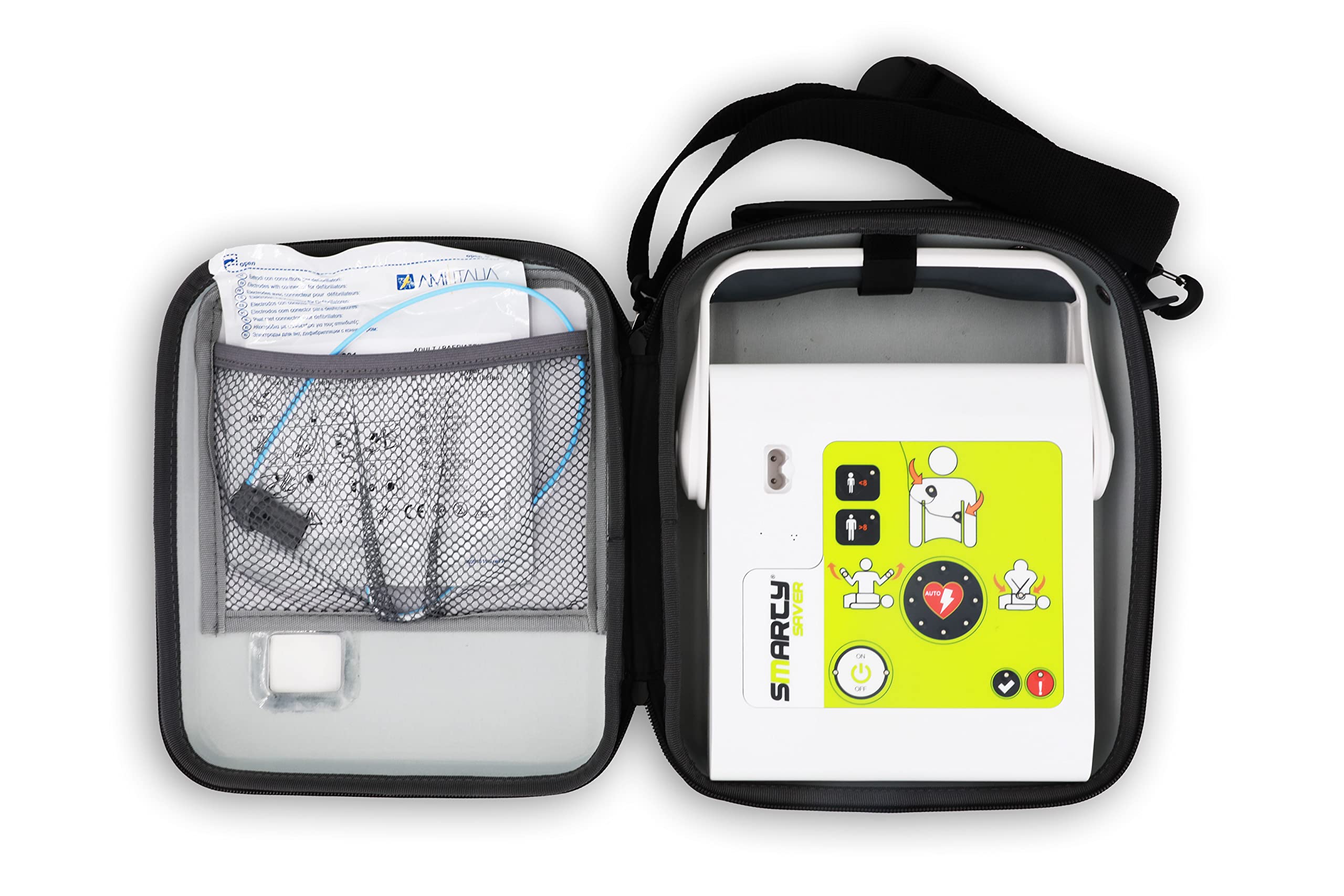 SET AED Defibrillator SMARTY SAVER, vollautom. Auslösung, Umschalter Erwachsene-Kinder, Kombi-Elektroden, ABS-Wandkasten und AED-Standortwinkel