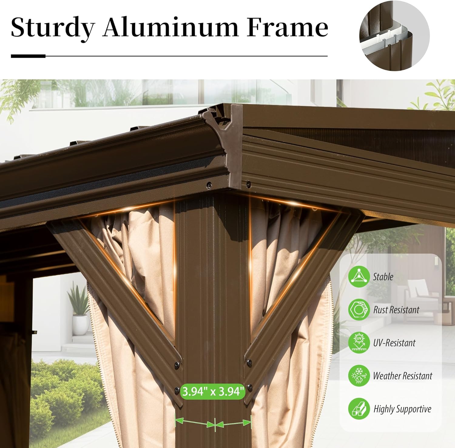 Close-up of the sturdy aluminum frame of the gazebo, showing its construction and dimensions.