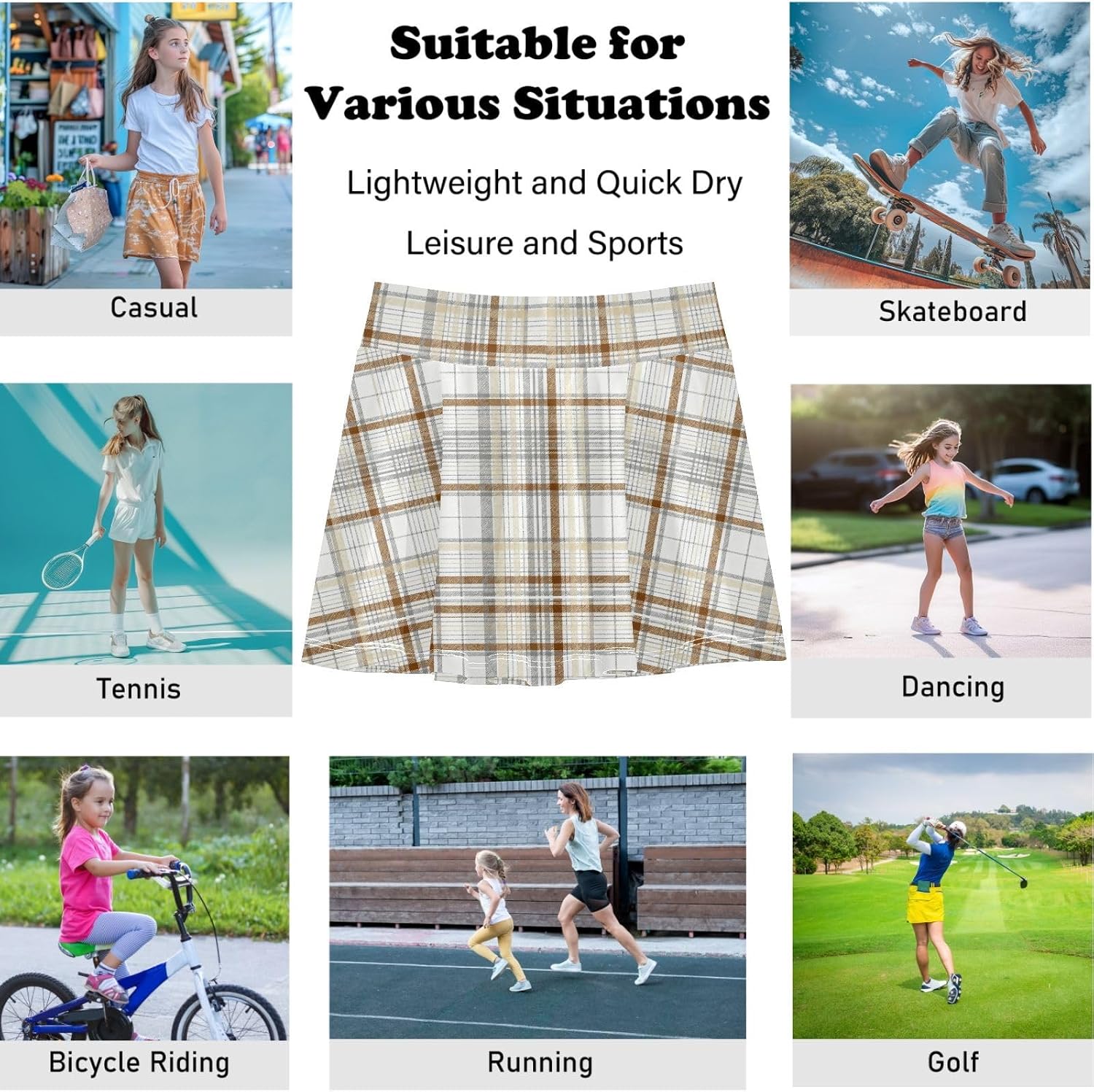 visesunny Khaki Faux Plaid Girl's Golf Skirt Athletic Tennis Skort Sport Activewear with Double Layer Pockets