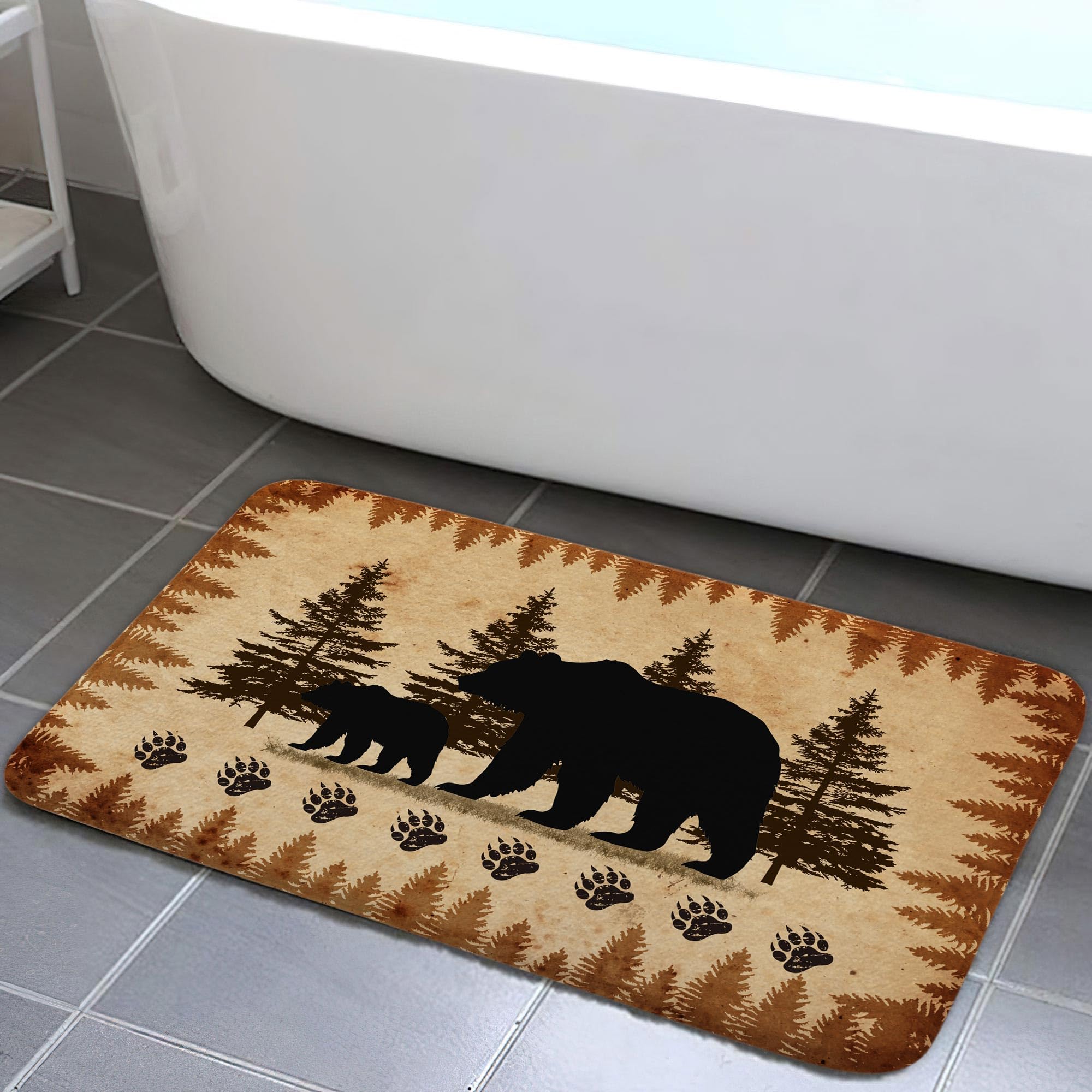 Rustic Cabin Bear Bath Rugs, Animal Black Bear Doormat Non-Slip Floor Entryways Outdoor Indoor Door Mat, Country Farmhouse Lodge Wooden Forest Trees